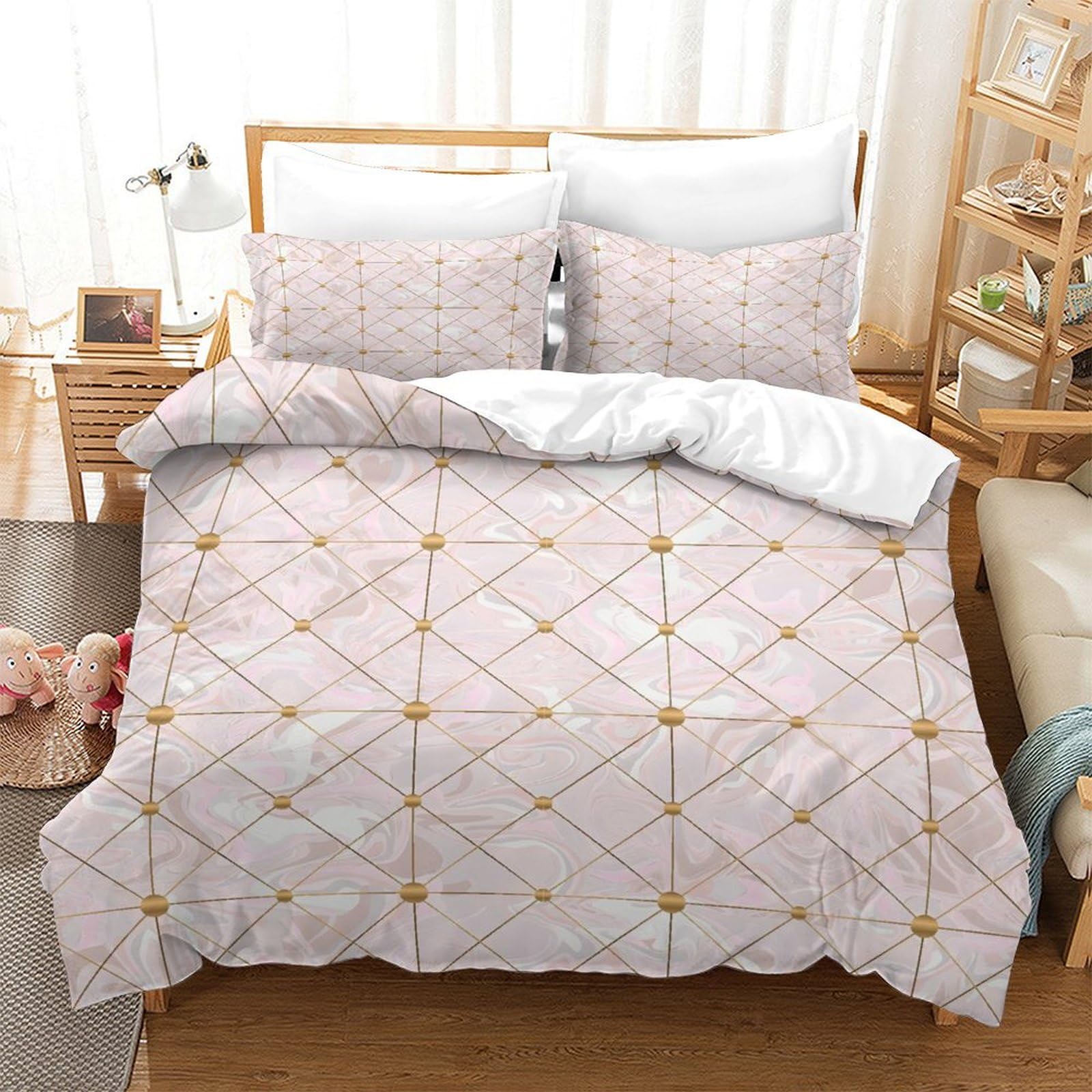 LIAOHENKAN Gold Lines And Marble 3D Bedding Set for Kids Boys Girls Full Size 3Pcs Ultra Soft Comforter Set with Zipper Closure Breathable Quilt Set Bedclothes, Easy Care Super King（260x220cm）