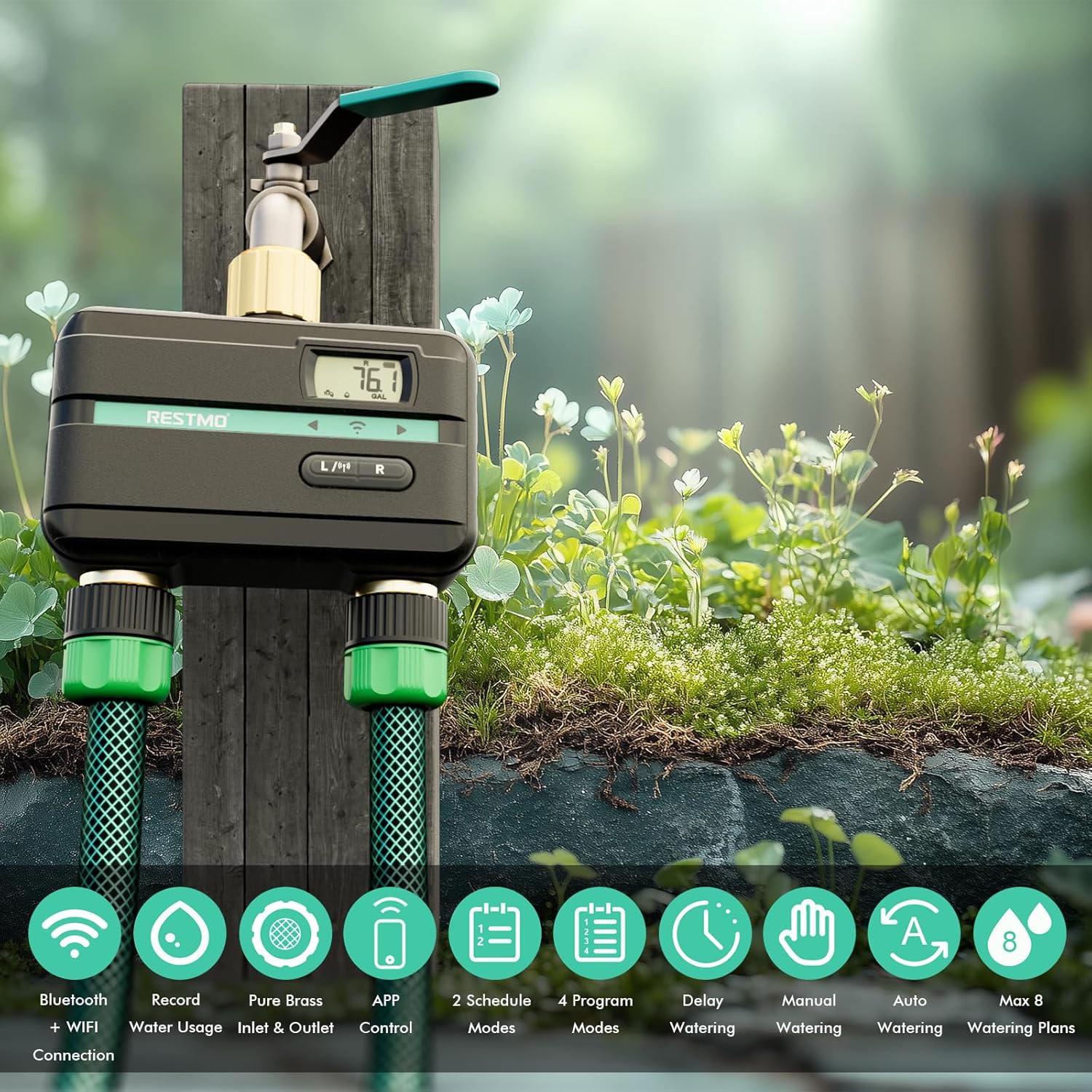 RESTMO Smart Sprinkler Timer with feature icons