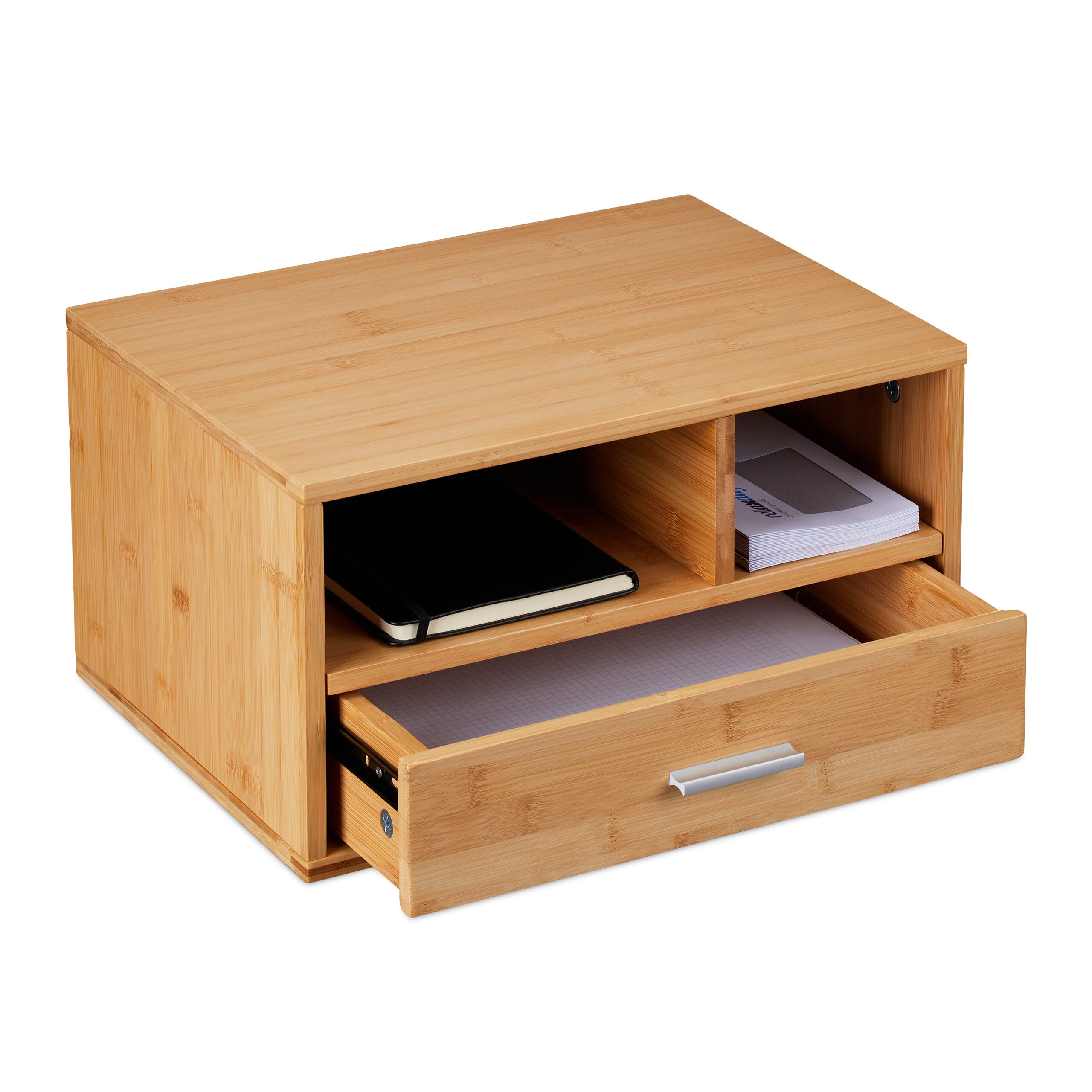 Relaxdays Organizador Escritorio 1 Cajón, 2 Compartimentos, 22 x 40 x 31 cm, Bambú, Almacenaje Material Oficina, Natural, 90% 10% Aluminio