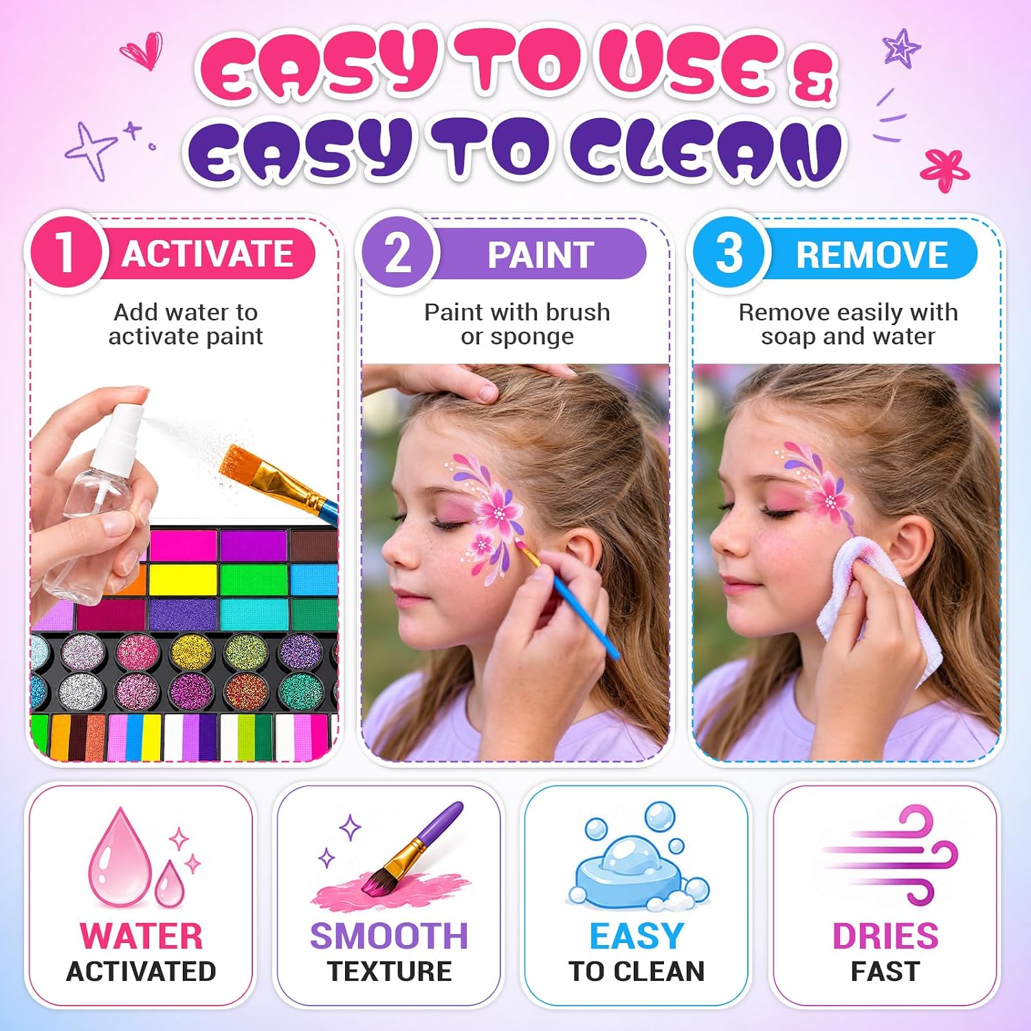 42 Colors Face Paint Kit, Non Toxic Water Activated Face Painting Kit for Kids & Adults with Split Cakes, Glitter & UV Colors, Brushes, Stencils & Gems for Halloween, Cosplay, Parties & Festivals