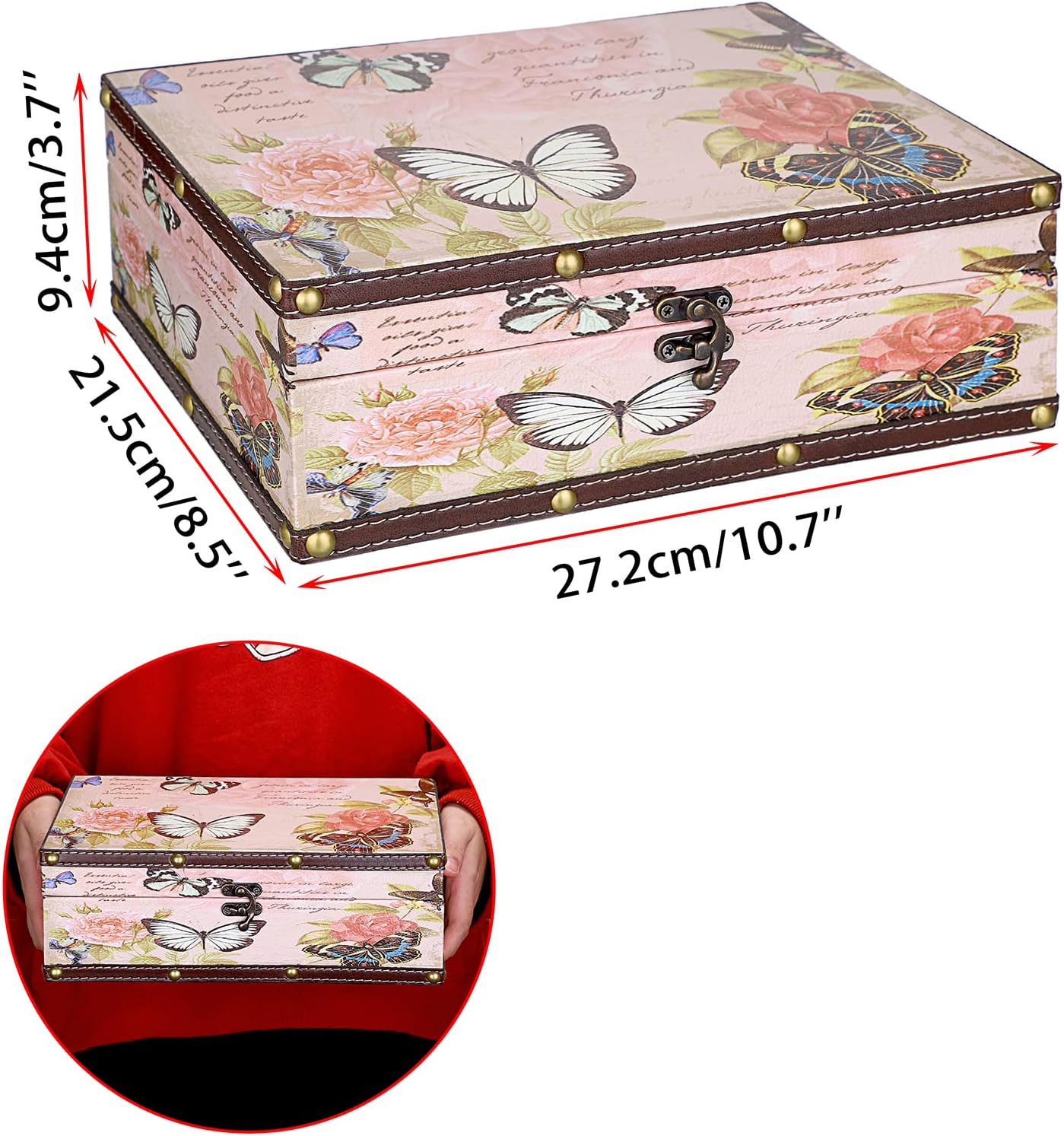 ELLDOO Butterfly Treasure Chest Box, Wooden + PU Leather Storage Decorative Box for Jewelry Trinkets Photos, Rectangular Keepsakes box for Girls Women Gifts