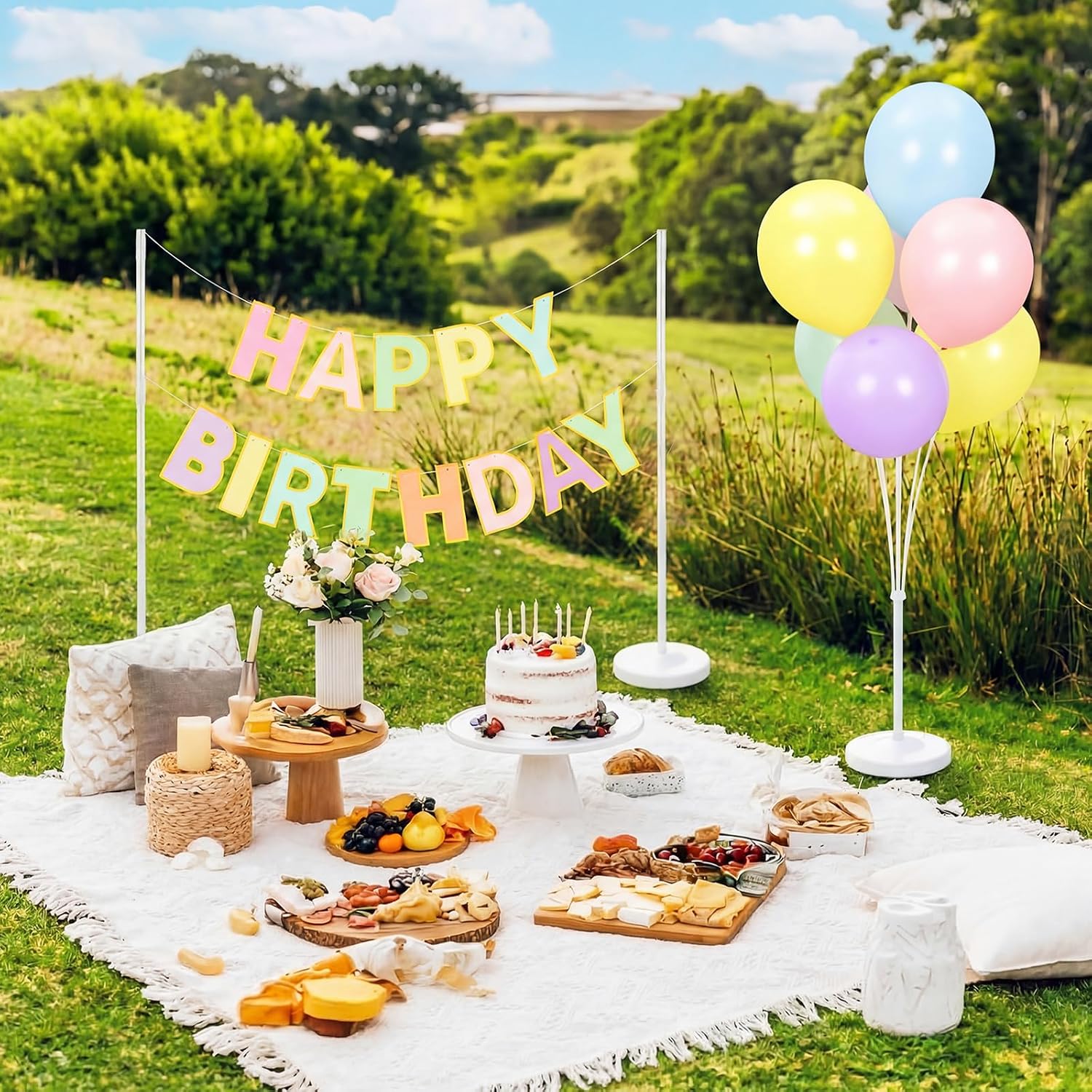 Thenshop Large Outdoor Picnic Blanket with Happy Birthday Banner Balloons Picnic Pink Birthday Party Decor Balloon Stand Kits for Camping Outdoor Backyard Party Decor(Macaron)