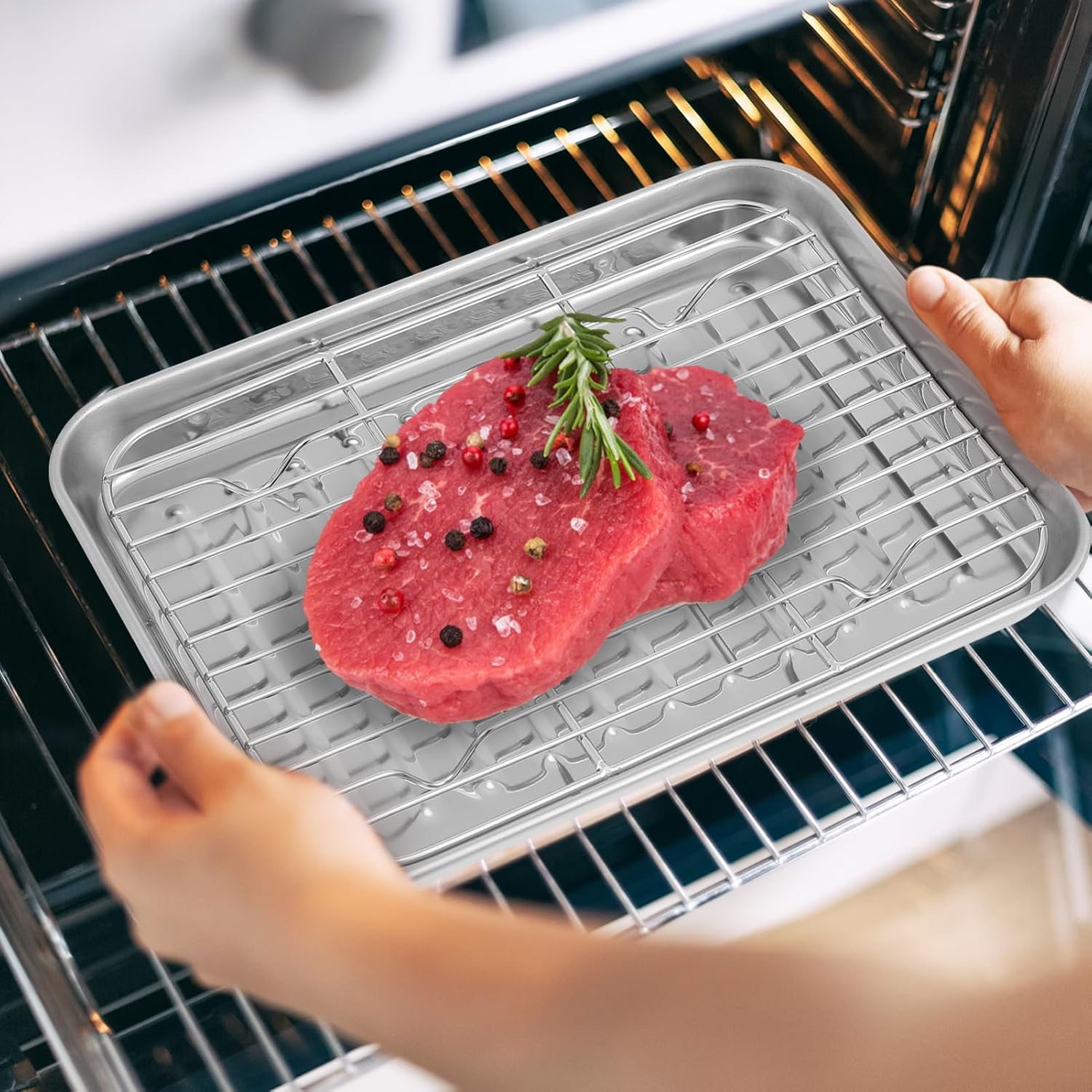 Garneck 2 Sets Baking Tray with Rack 9.2x6.9inch Stainless Steel Roasting Tray with Wire Rack for Cooking Broiling Drying Metal Oven Sheet Pan for Bread Cookie Biscuits