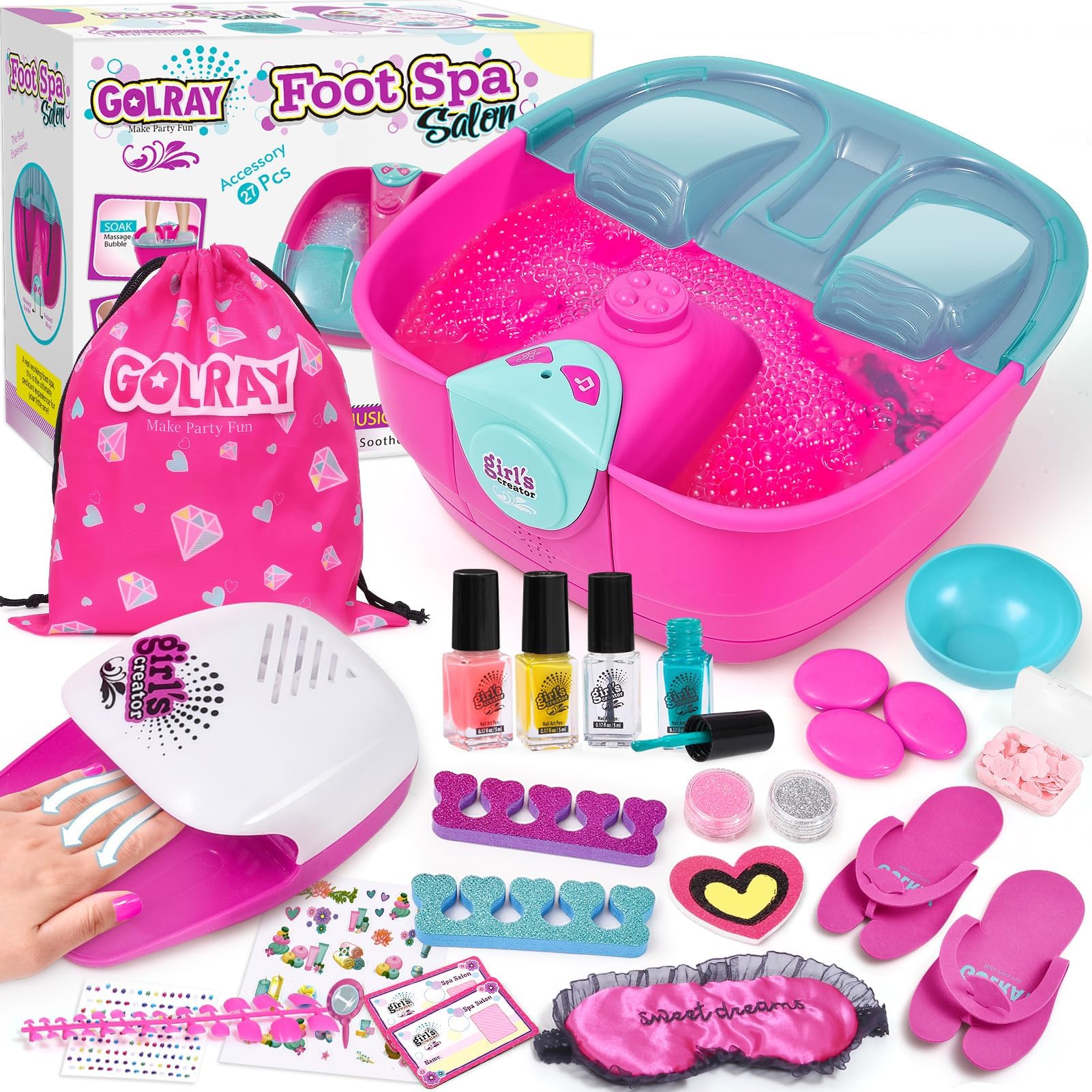 Golray Kid Foot Spa & Nail Kit, Girl Gift for 5 6 7 8-12 Year Old Toys Manicure Pedicure Art Salon, Massage Bubble & Music Foot Soak Tub, Spa Day Sleepover Party Supply Christmas Girl Birthday Gift