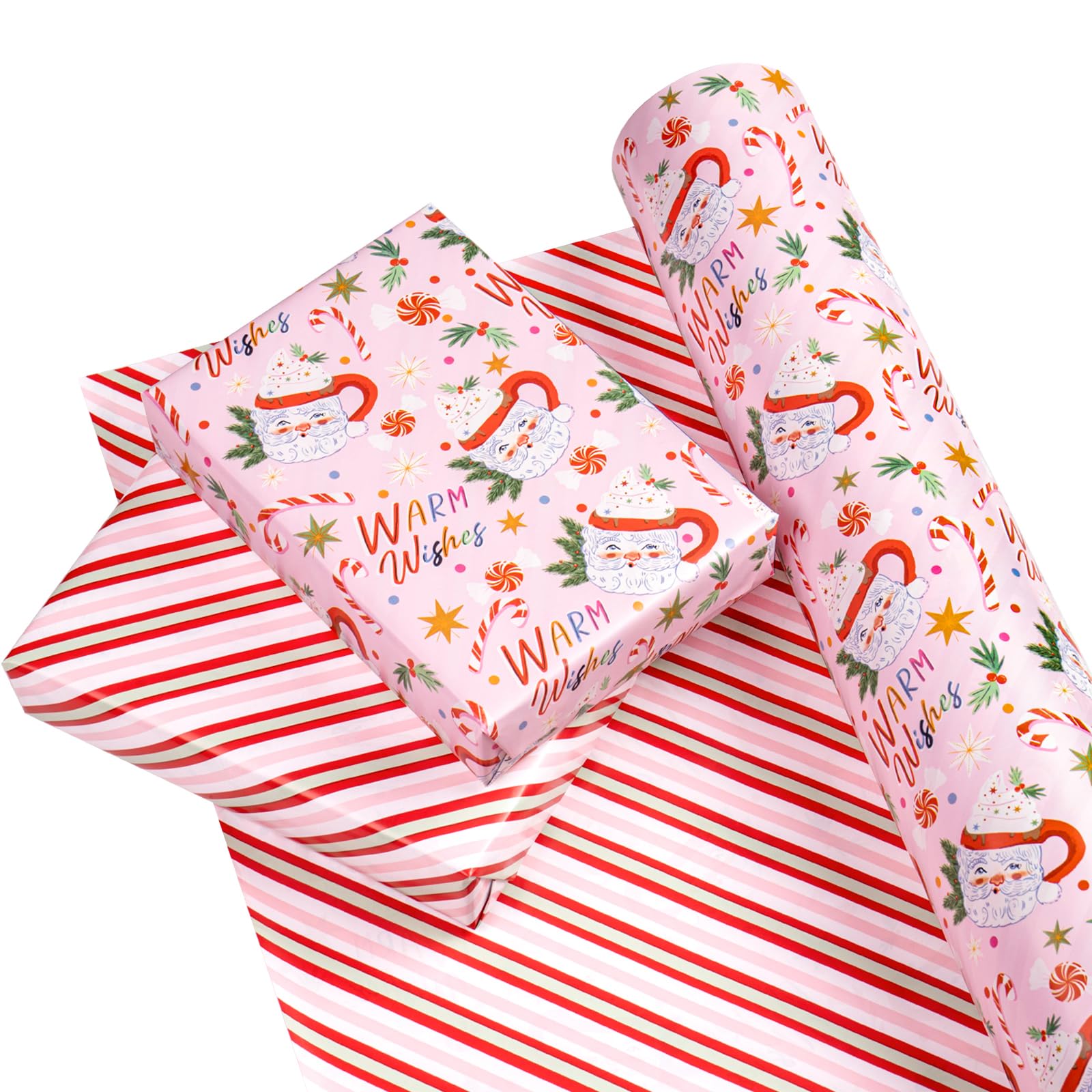 WRAPAHOLIC Wendbares Weihnachts-Geschenkpapier – 76,2 cm x 30 m, Jumbo-Rolle, rot und rosa, Weihnachtsmann-Tasse und Streifen-Design