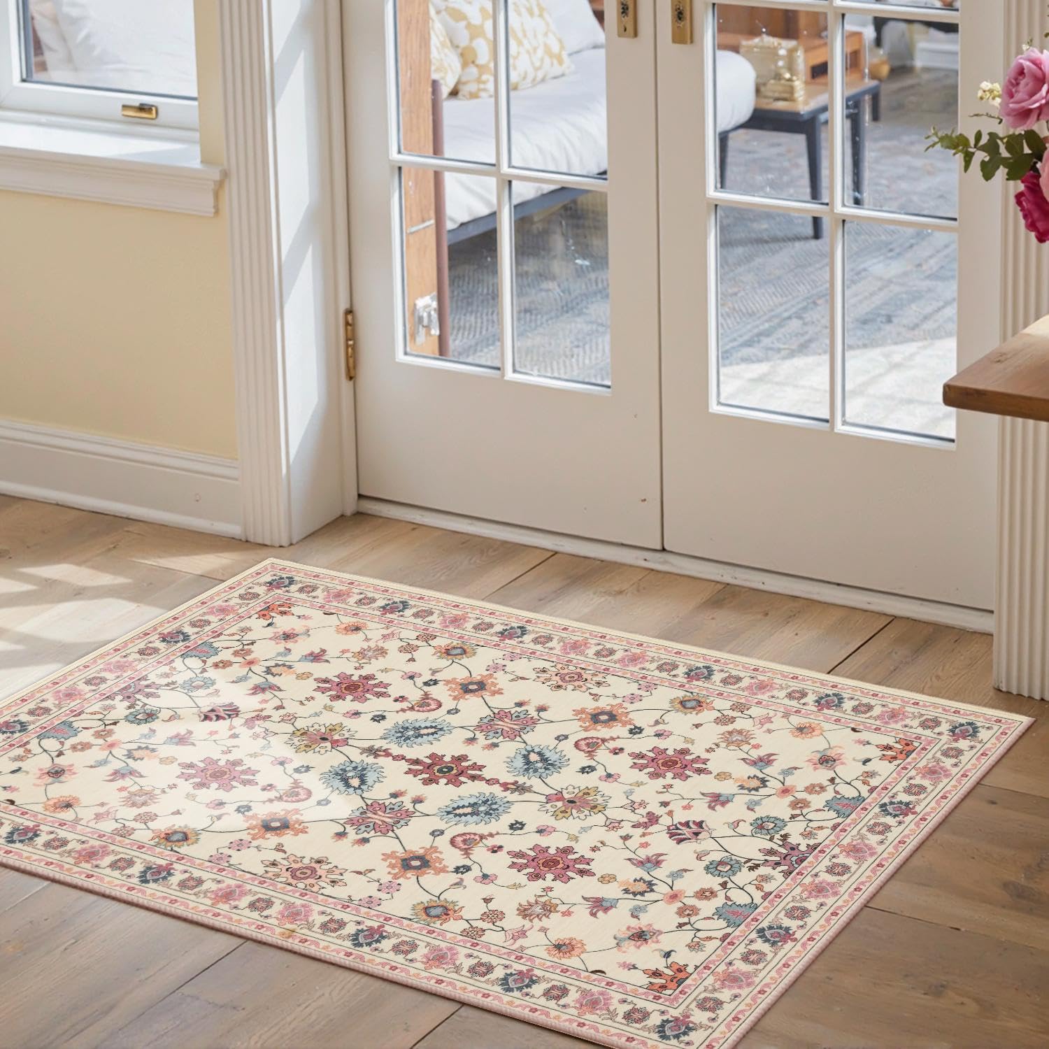 Rugxara Pink Door Mat Floral Entryway Rug, Washable Samll 2x3 Rug, Boho Front Door Mat, Non Slip Area Rugs, Low Pile Throw Carpet for Indoor Entrance,