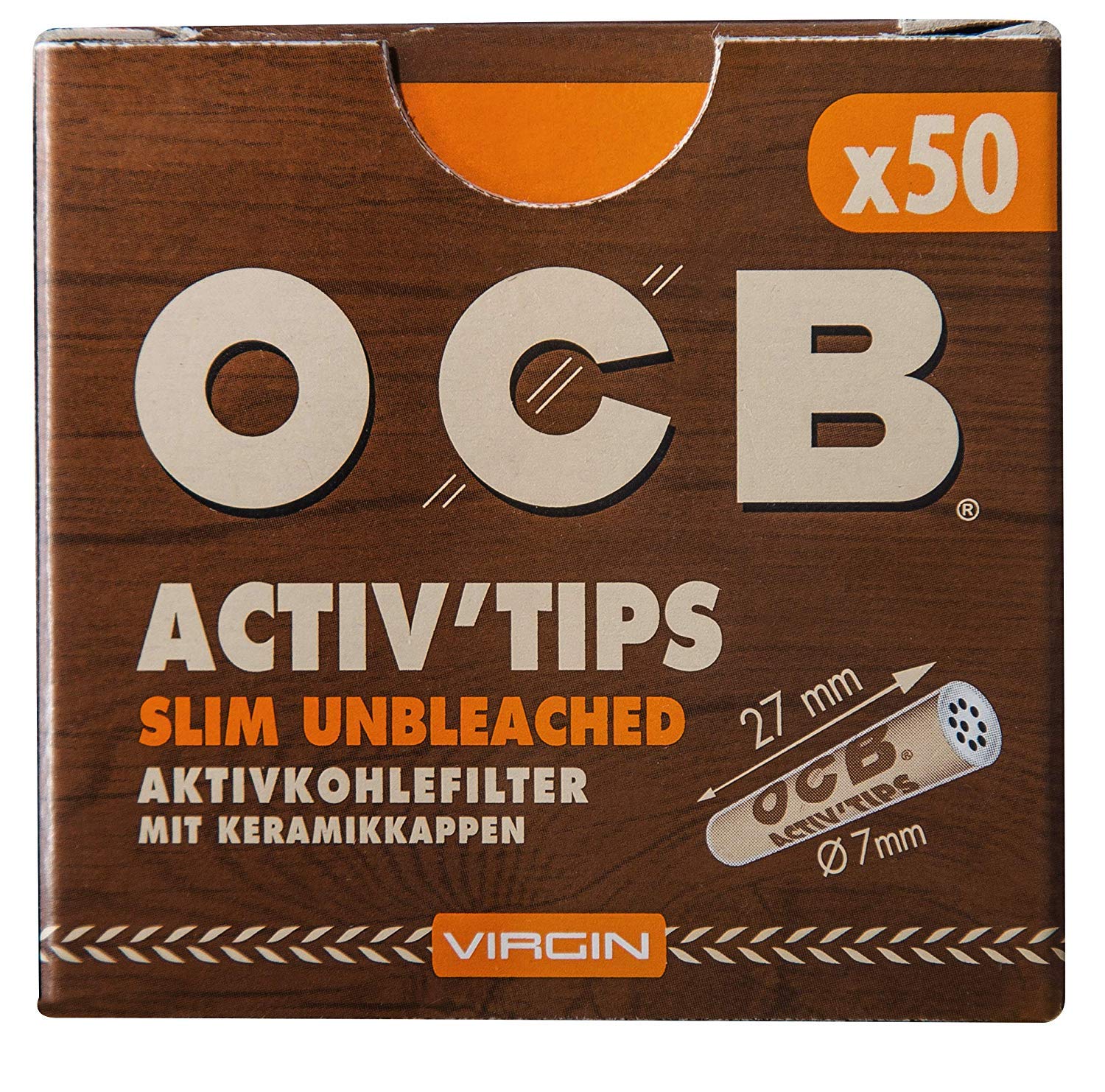 OCB 18666 ActivTips Slim Unbleached-7 mm-Virgin-Activated Carbon Filter with Ceramic Caps-5 x 50 250 Pieces, Paper