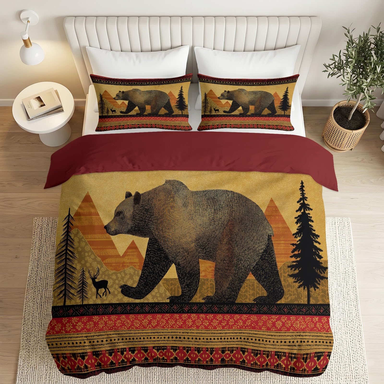 Pościel dla nastolatków 180 x 200 cm, wzór lasu Grizzly Berg, zestaw pościeli z mikrofibry, vintage, tajemnicza, miękka, przyjazna dla skóry, poszewka na kołdrę z zamkiem błyskawicznym i 2 poszewki na