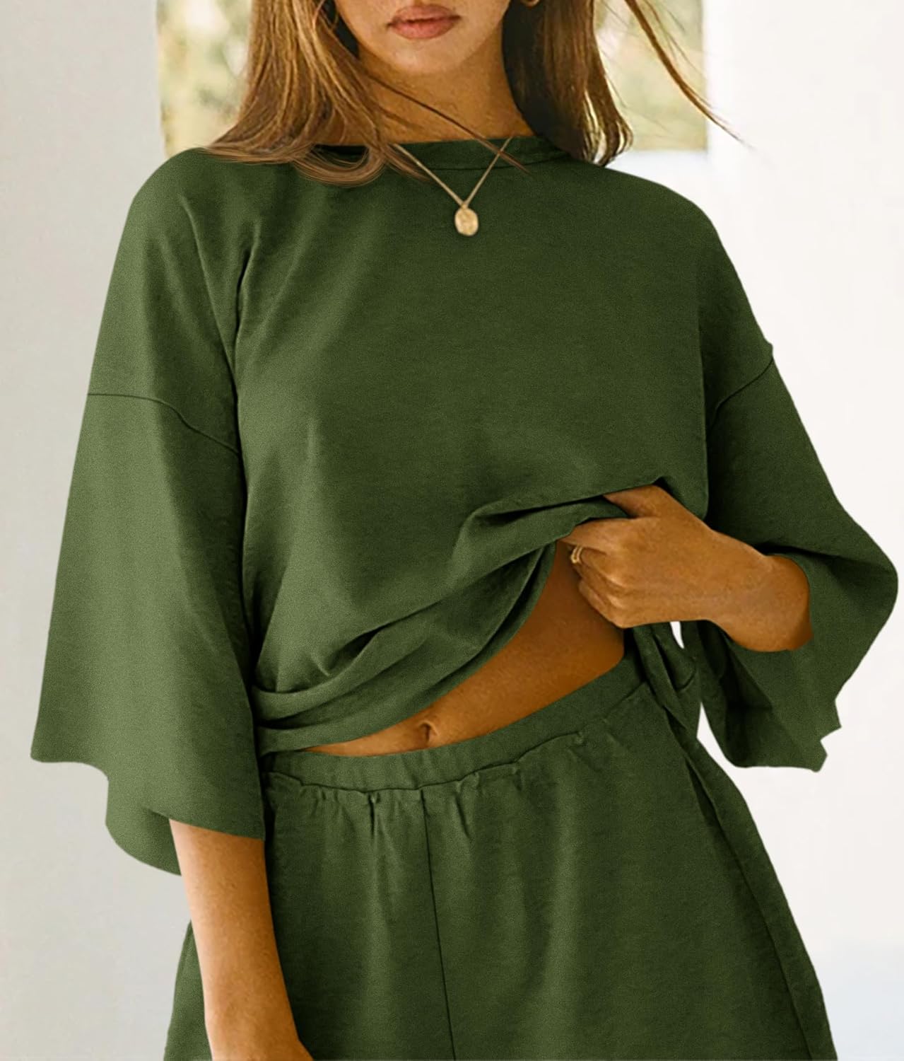 Tankaneo Womens Pajama Sets 3/4 Sleeve Oversized Tops and Elastic Waist Shorts Lounge Sets Loungewear - Image 4