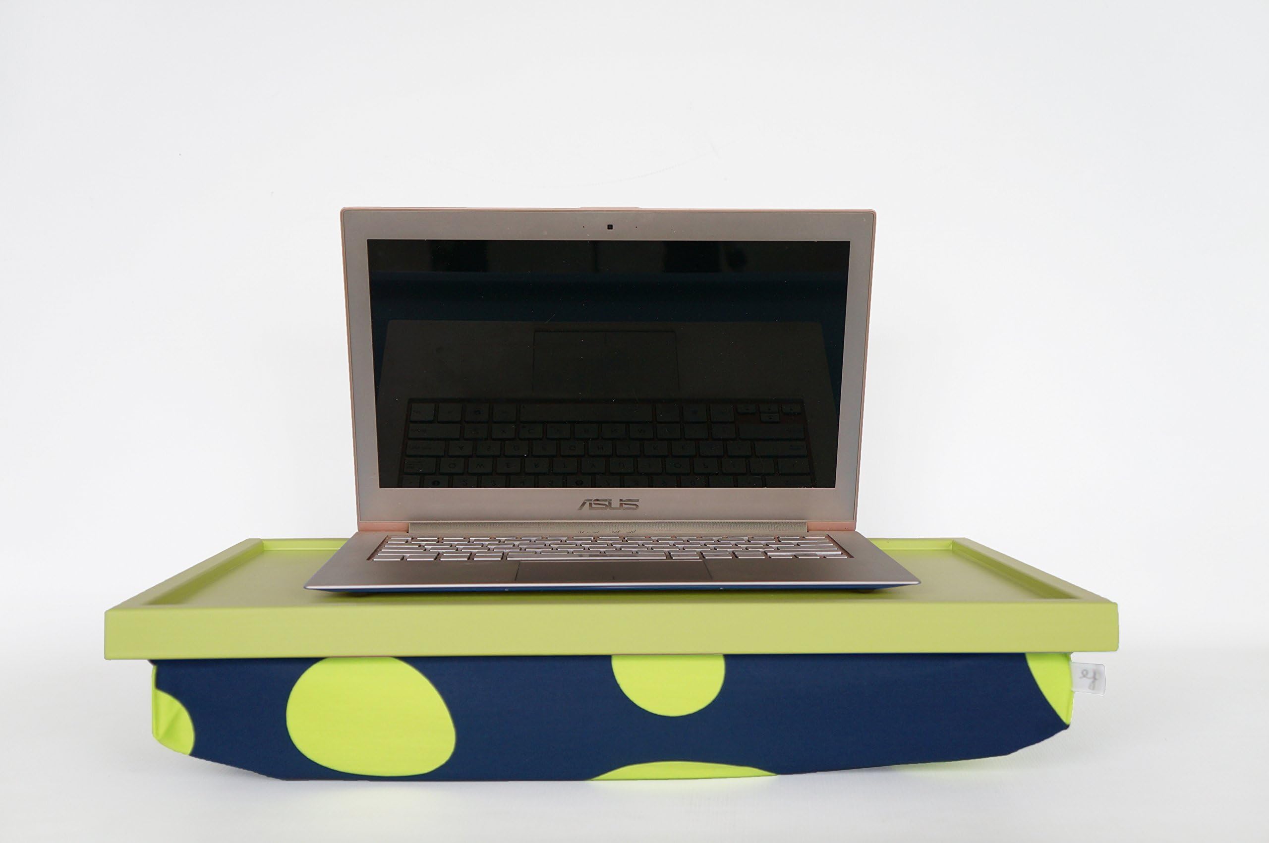 Laptop stand, Breakfast serving Tray, Decorative tray- light green with blue pillow, printed with bright green XL irregular polka dots