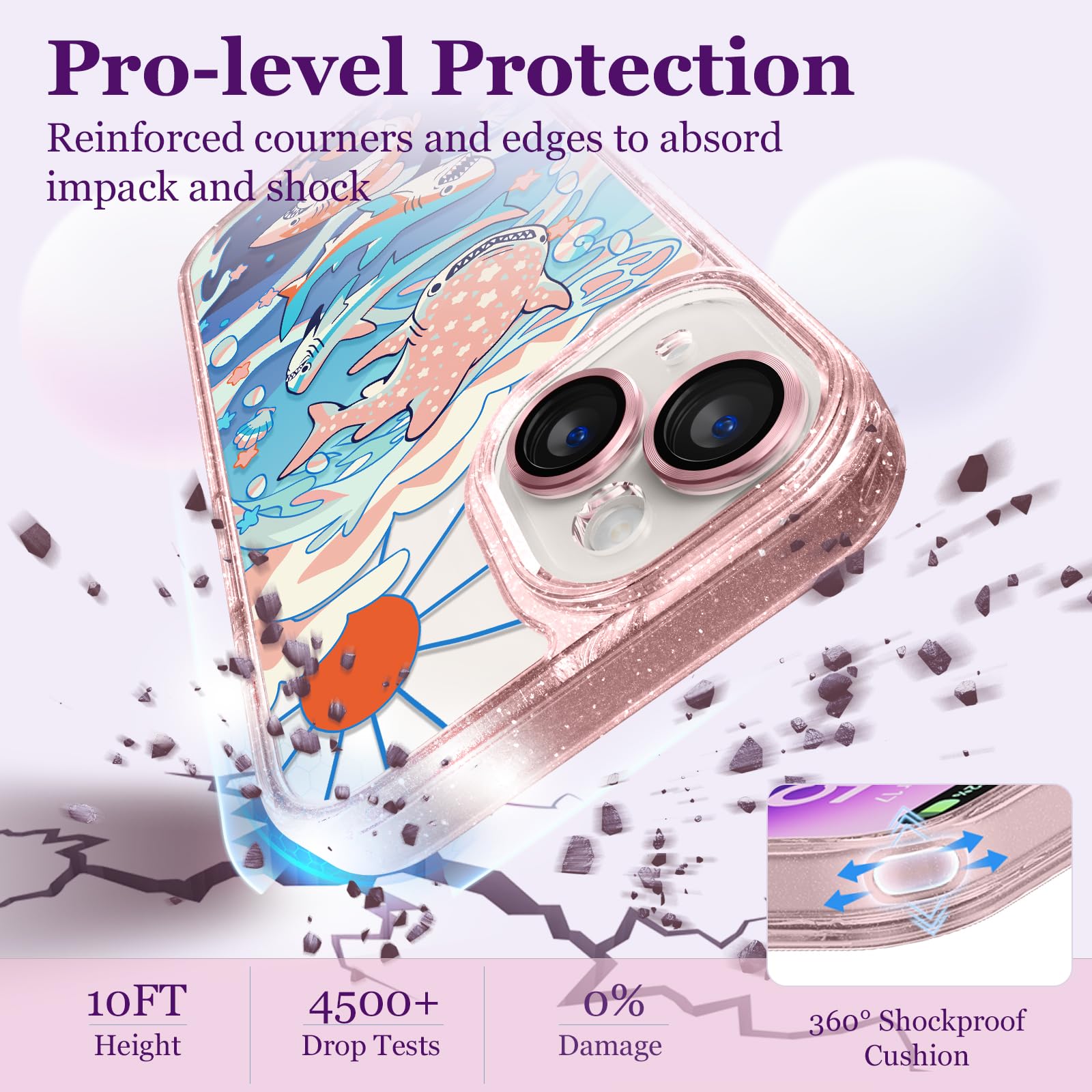 Kompatybilne z iPhone 14 etui urocze estetyczne - brokatowe różowe etui na telefon z osłoną aparatu - dziewczęcy uroczy wzór rekina nadruk etui z paskiem na nadgarstek design dla kobiety