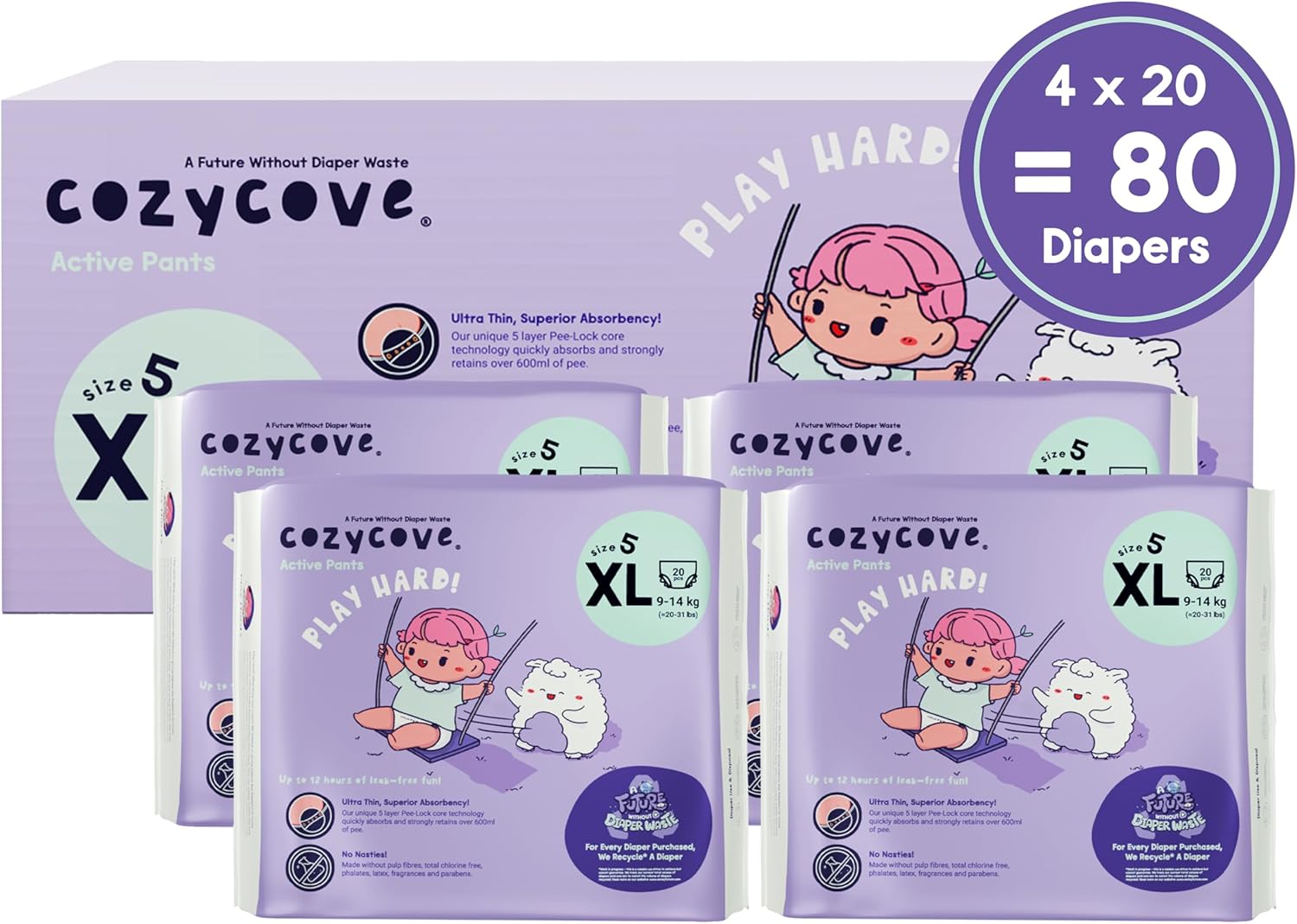 Cozycove Size 5 XL (20-31 lbs) Pull Up Training Pants | Totally Chlorine Free, Fragrance Free, Wetness Indicator | Play Hard Slim Active Pants | 80 Count (4 Bags of 20)