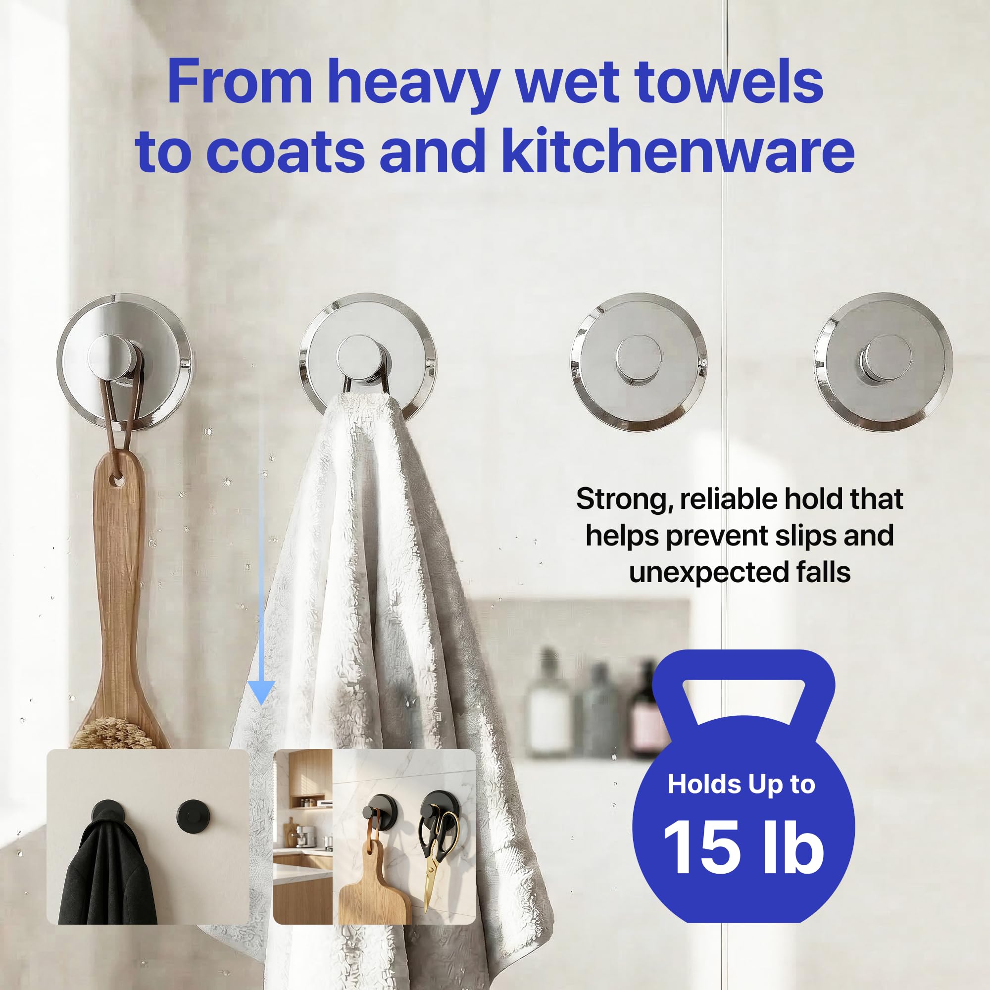 HOME SO - Ganci a ventosa per doccia, bagno, cucina, porte in vetro, specchi, piastrelle, per spugne, asciugamani, cappotti, accappatoi, fino a 6,8 kg, impermeabili, antiruggine, cromati (4 pz.)