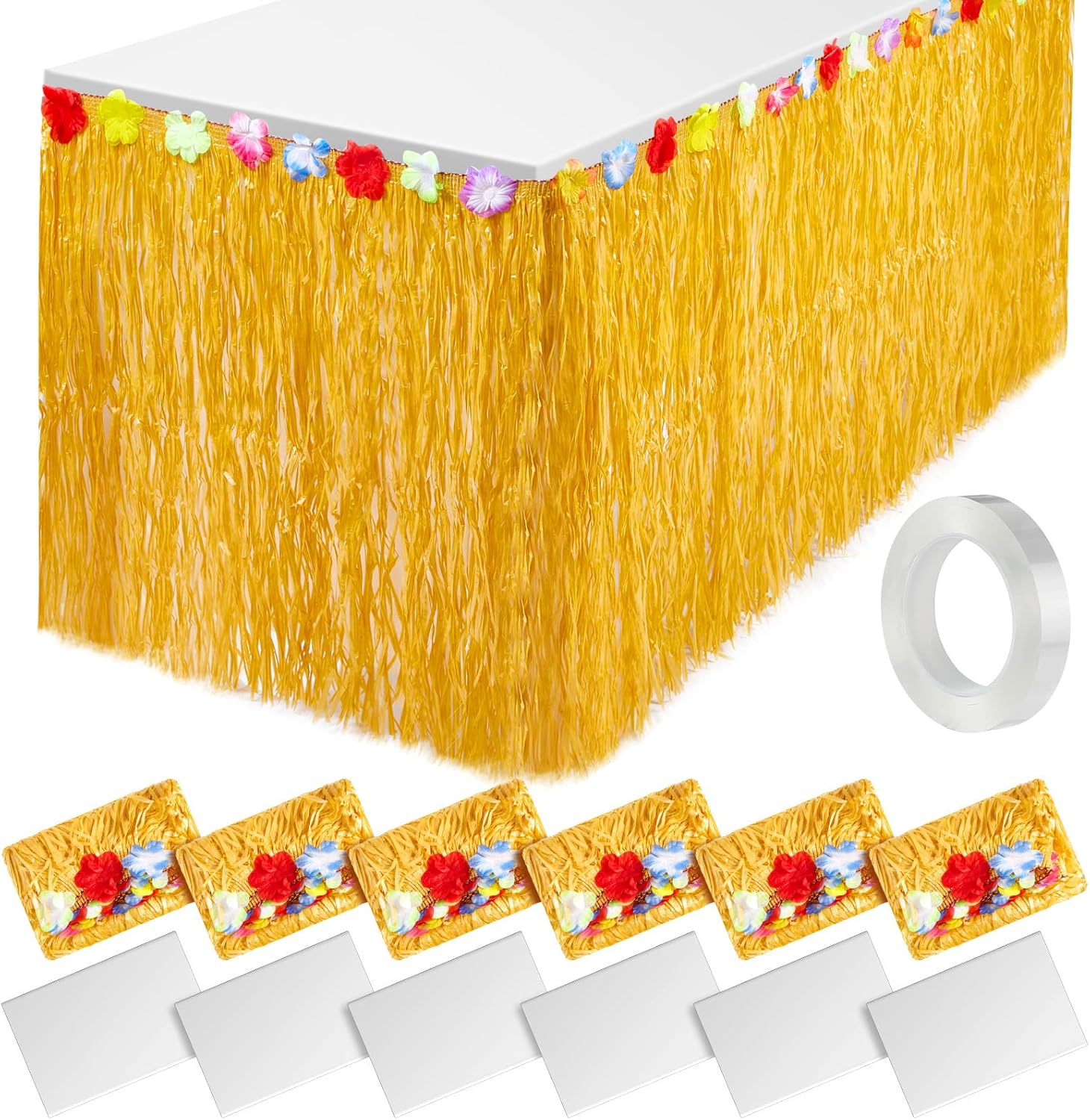 6 Pcs 9 Ft 29.5 Inch Luau Grass Table Skirt and 6 Pcs Plastic Tablecloth Hibiscus Hawaiian Table Skirt Tropical Hawaiian Party Decors Luau Party Supplies for Summer Birthday (White and Straw Color)