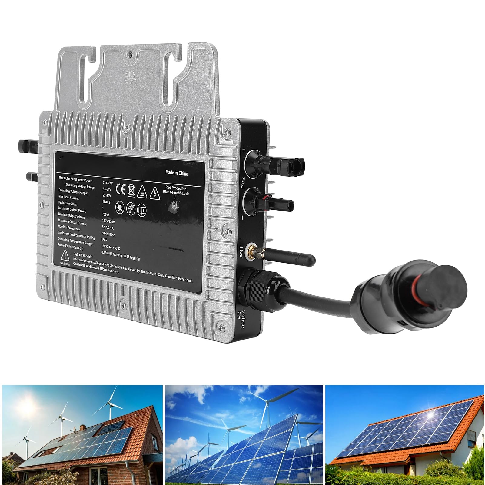 KIMISS Solarpanel-Grid-Tie-Mikro-Wechselrichter Wandelt Gleichstrom in Wechselstrom um. Eingebauter Reiner MPPT-Sinus-Wechselrichter mit IP67-Wasserdichtigkeit, 700 W, Mikro- aus Aluminiumlegierung