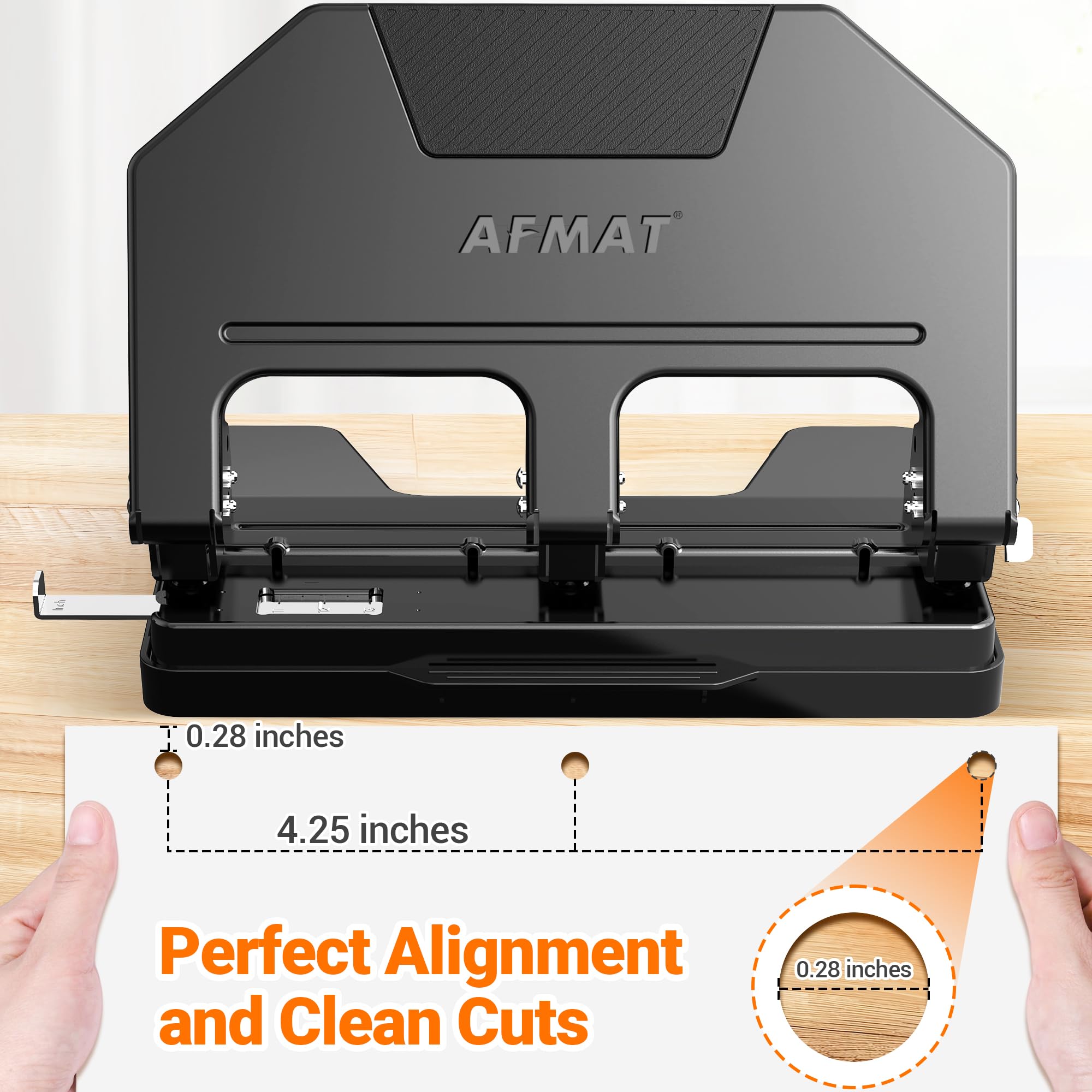 AFMAT 3-Lochstanzer, robust, 9/32 Zoll Lochdurchmesser, 50 Blatt, 3-Lochstanzer für Ordner, 50 % reduzierter Aufwand, Metall-Dreilochstanzer mit mehr als 10.000 Anwendungen, integrierte