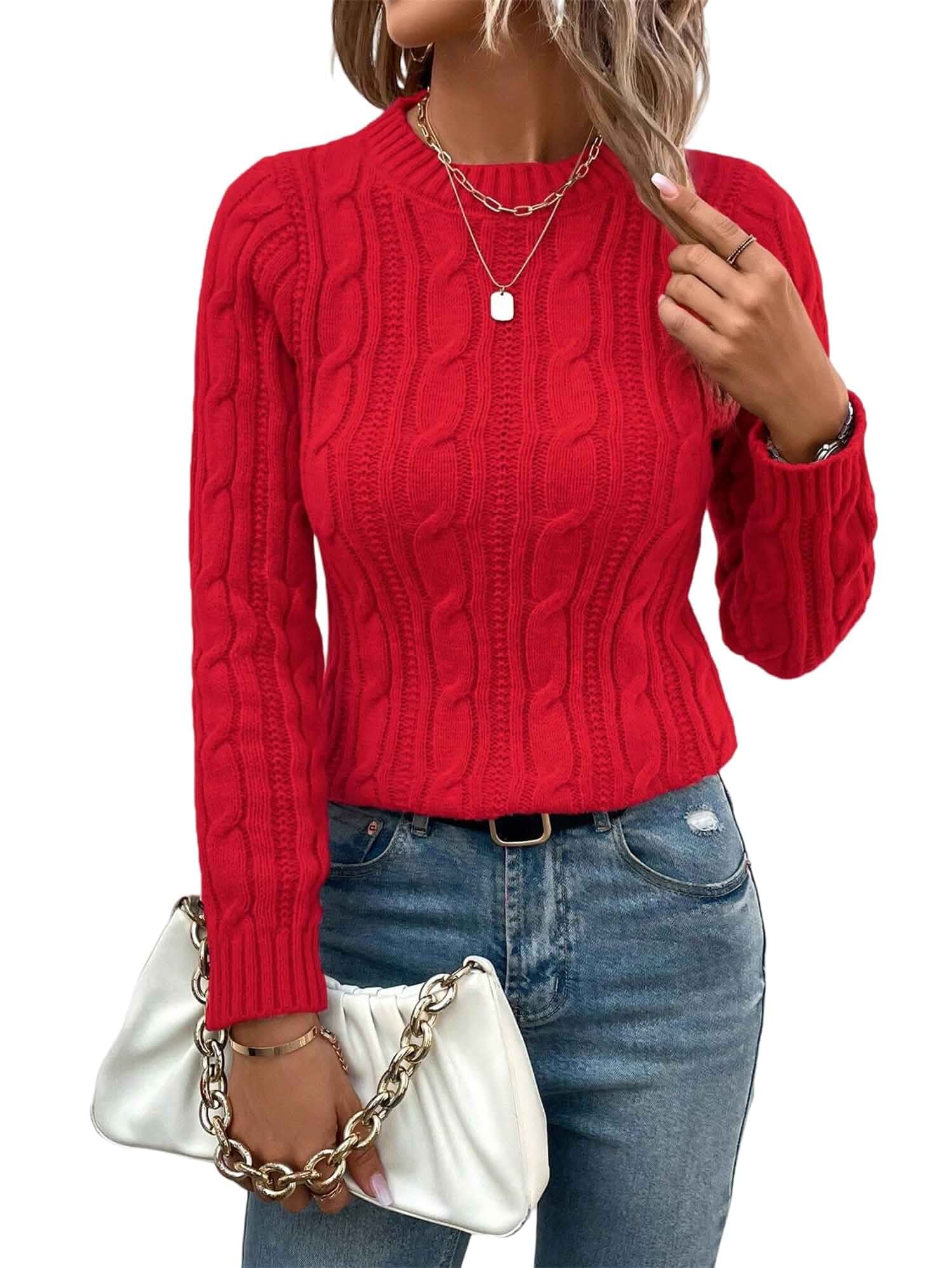 ZAFUL Women's Cable Cropped Sweater Long Sleeve Crewneck Pullover Knit Jumper Top Loose