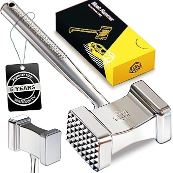 Stainless Steel Meat Tenderizer Tool, Premium Meat Mallet with Non-Slip Grip, Dual-sided Kitchen Mallet Ideal for Tenderizing Steak, Poultry & Chicken Cutlet, Dishwasher Safe with Lifetime Replacement