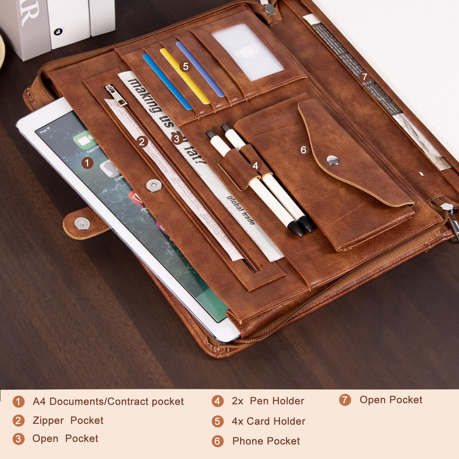 Calfinder Porte-documents A4 en cuir synthétique de qualité supérieure avec poignée de transport, porte-documents avec fermeture éclair, pour le travail quotidien ou les réunions, marron rétro