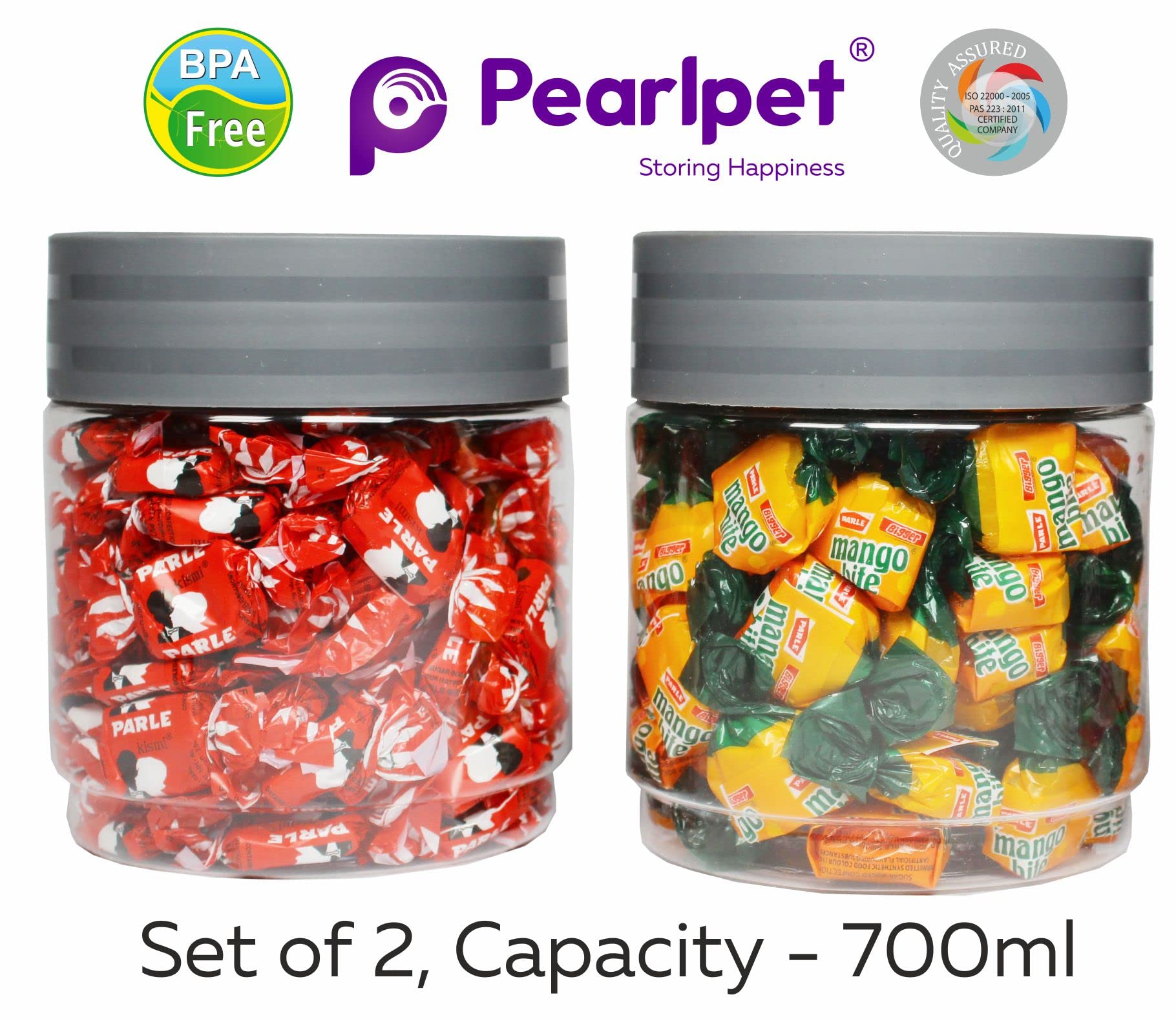 PEARLPET Modedge Juego de 2 recipientes herméticos de plástico para cocina con cuchara, color gris, 700 ml, para frutas secas, masala, dals, arroz, azúcar, té, café, galletas, galletas
