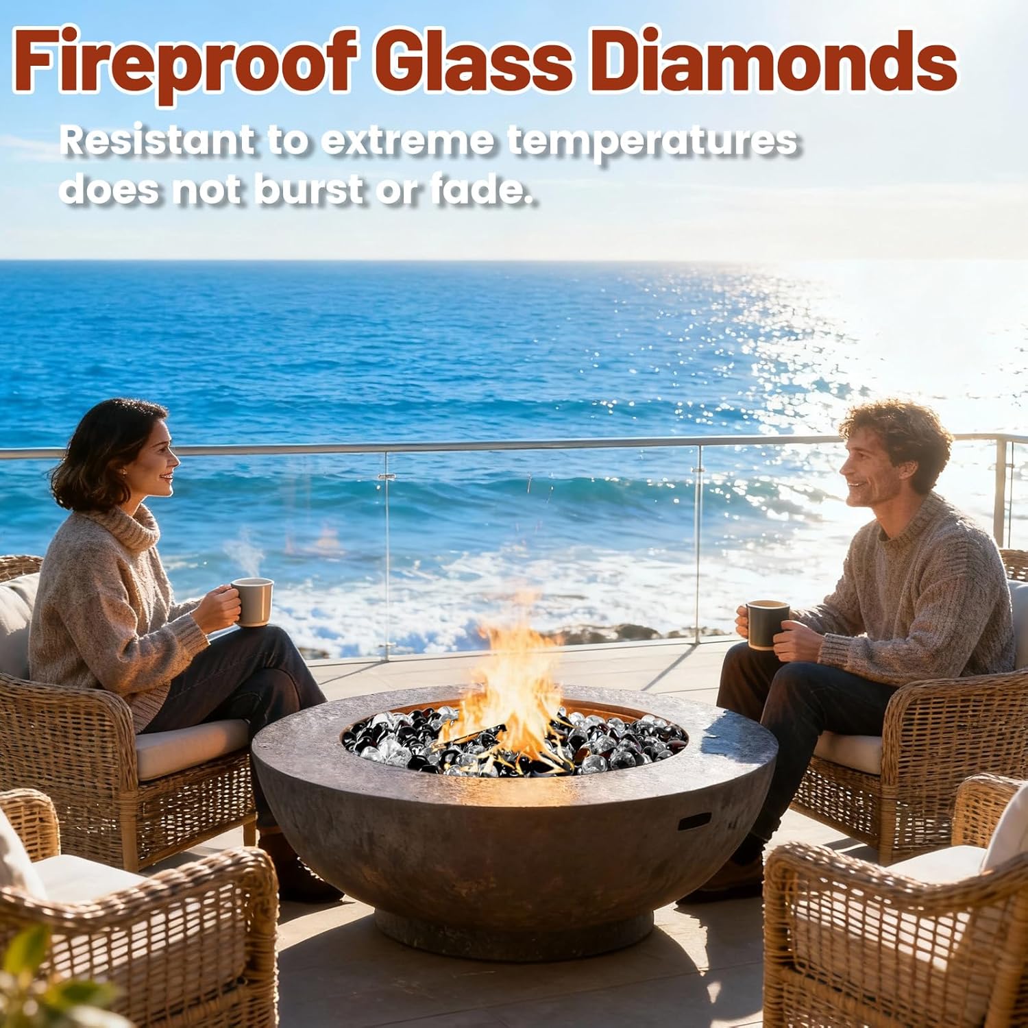 Blended Fire Glass Diamonds for Propane Firepit, Fireplace and Outdoor Decorative, 1 Inch Firepit Glass 10LB (Crystal Ice +Onyx Black + Amber)