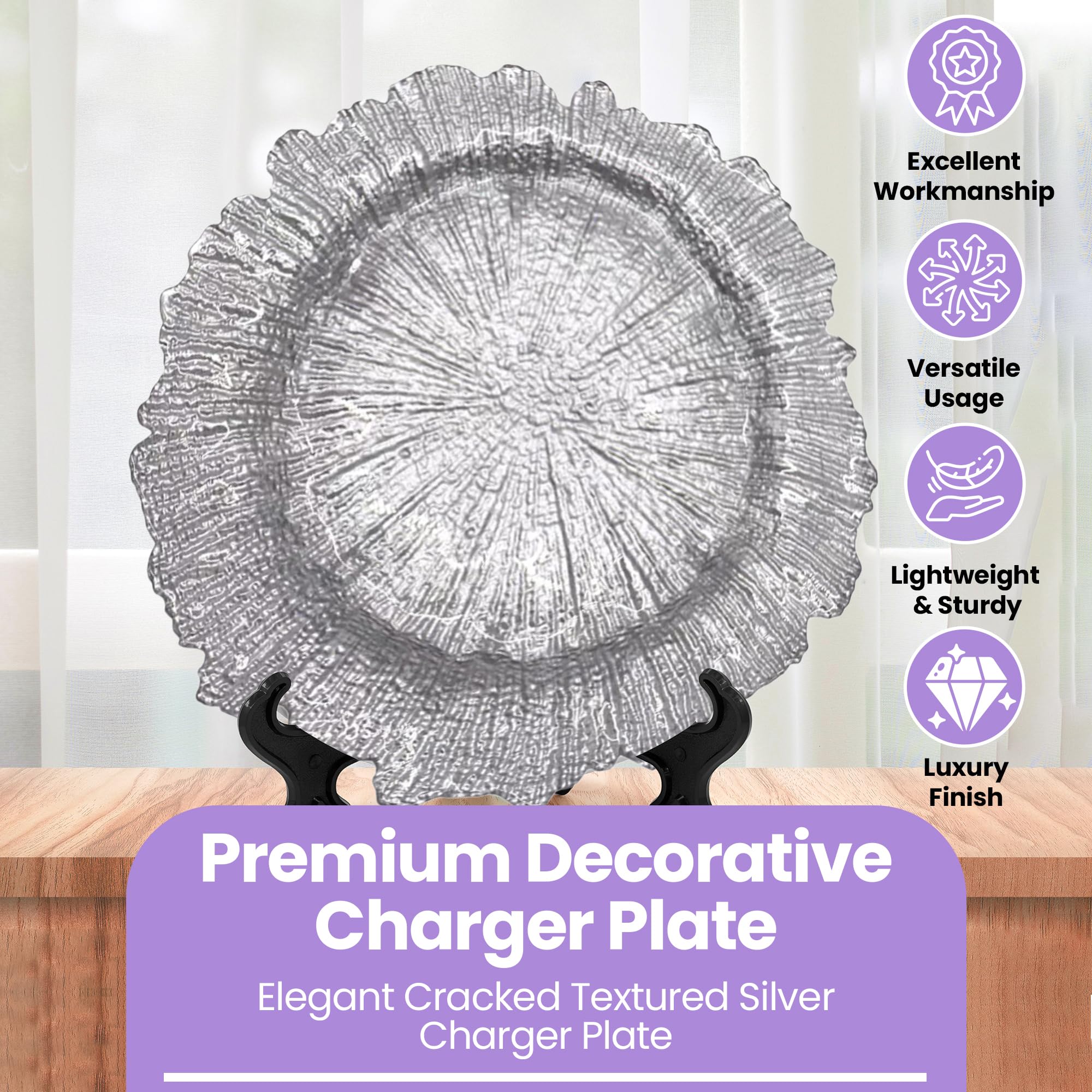 Platos de carga plateados de diseño vintage – 33 cm elegantes platos de polipropileno para bodas, fiestas, aniversarios, cumpleaños, vajilla, eventos de catering y eventos especiales – Juego de 6