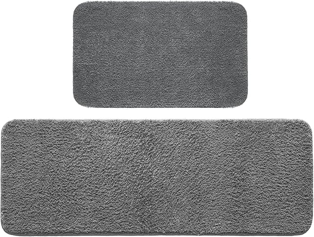 MIULEE Absorbent Bath Mat Set 2 Pieces Non Slip Bath Rug 40x60cm and 45x120cm with High Hydroscopicity Rugs Super Soft Cozy and Shaggy Microfiber Rug for Bathroom Bedroom Kitchen Entrance Grey