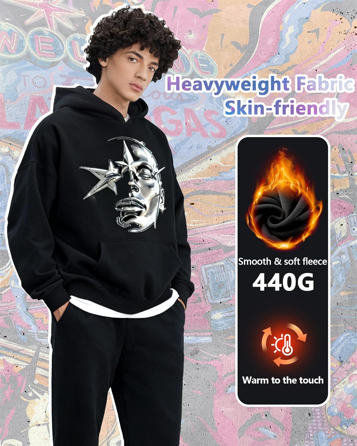 Mens Graphic Hoodies Heavyweight Pullover Vintage Sweatshirt Streetwear Y2K Fleece Long Sleeve Casual Top - Image 4