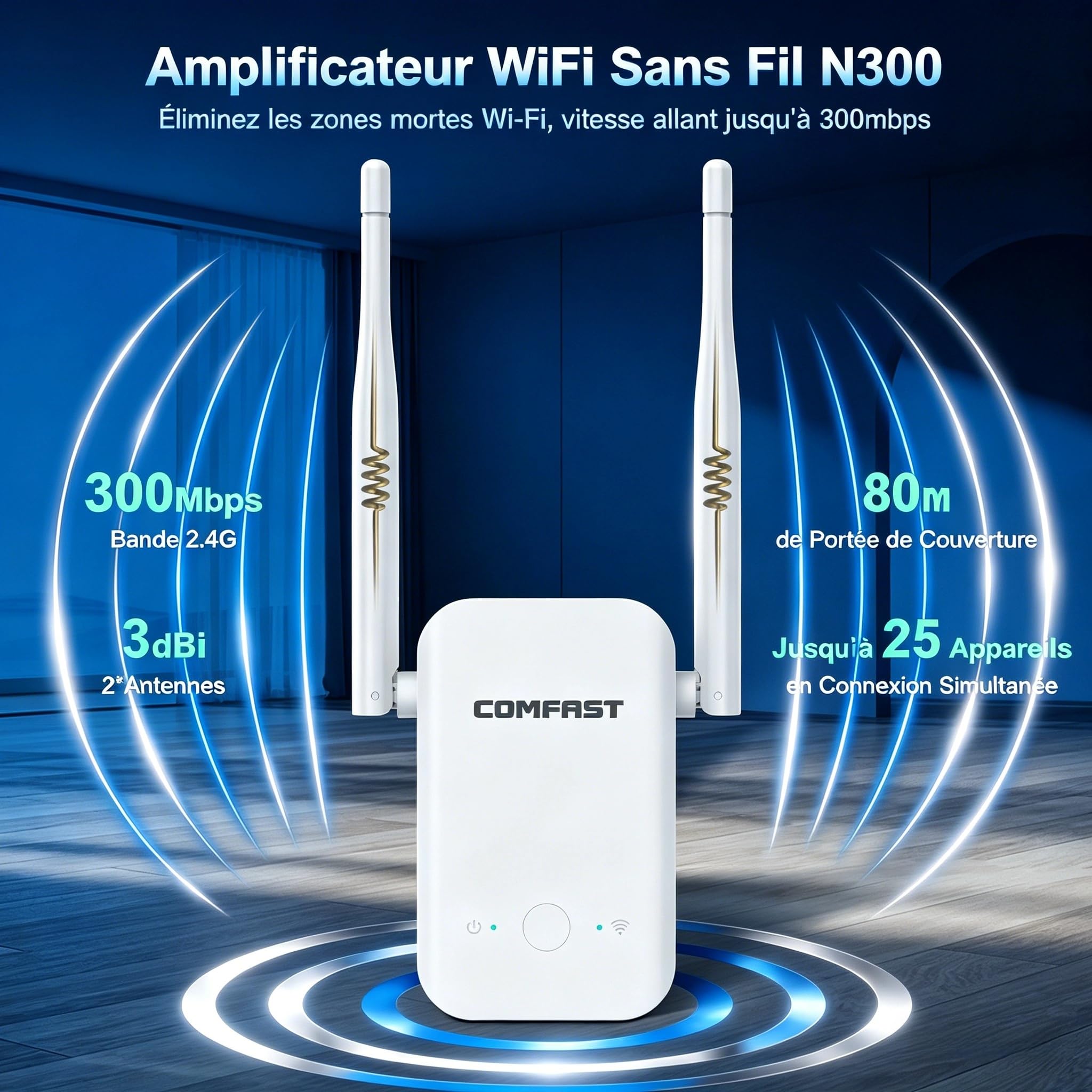 COMFAST Répéteur WiFi Puissant, N300 Mbps Amplificateur WiFi 2,4GHz Repetiteur WiFi Puissant sans Fil avec 2 Antennes, WPS Fonction, Extender WiFi Compatible avec Toutes Les Box Internet