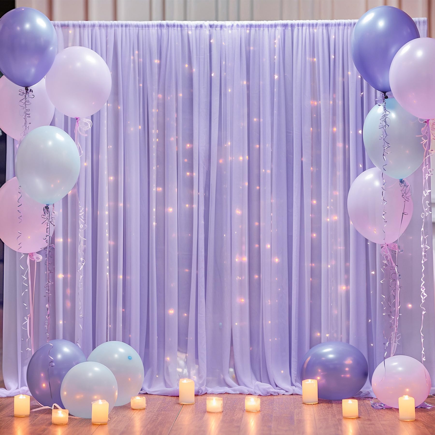 10×10ft Purple Tulle Backdrop Curtain with Lights String for Parties, Sheer Curtain Backdrop Drapes for Wedding Party Home Decorations