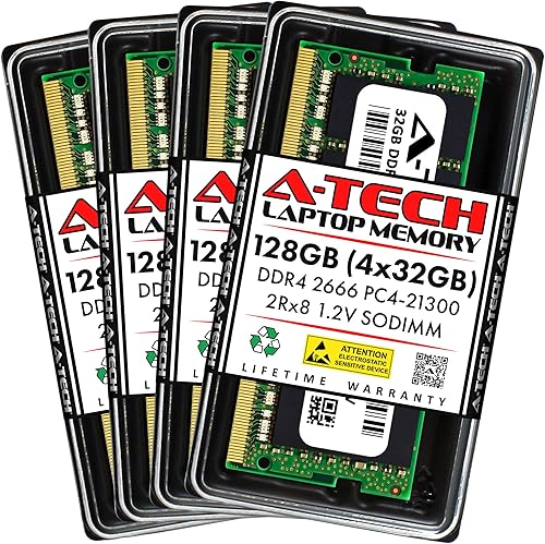 A-Tech Módulos de memoria RAM para portátil portátil SO-DIMM de 128 GB (4 x 32 GB) DDR4 2666 MHz PC4-21300 (PC4-2666V) CL19 SODIMM 2Rx8 1.2V 260