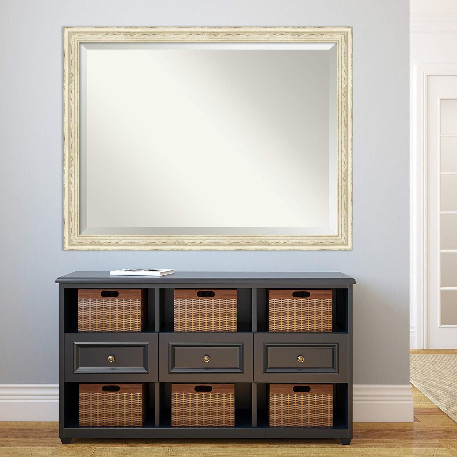 Amanti Art White Wall Mirror 34x44 Country White Wash Rectangle Bathroom Mirror for Wall Decor Living Room, X-Large Country Rustic Wood Frame, Hangs Horizonally and Vertically, Bathroom Decor, Beveled
