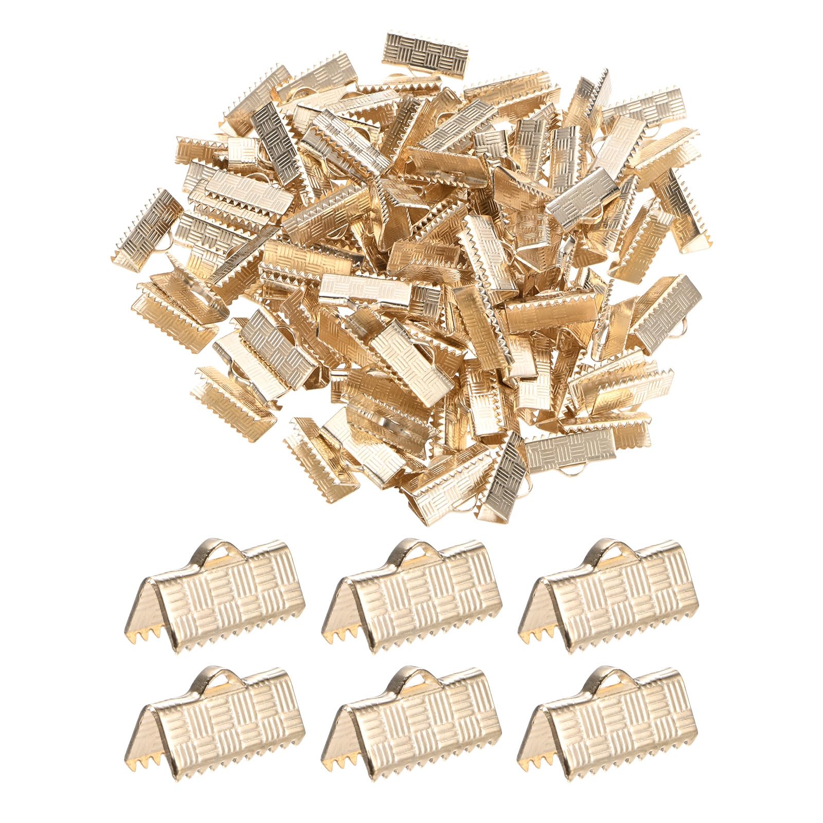 M METERXITY 200-Pack Ribbon Ends with Clamps, 0.6in/16mm Metal Bracelet Bookmark Pinch Crimp Clamp Stripe Texture for Jewelry Making/Bracelets/Necklaces/DIY, Pinch Cord End Clasps [KC-Gold]