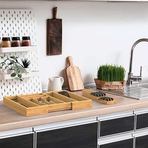 Miniatura 9 de Organizador de cajones de cocina de bambú, organizador de utensilios expandible con bloque de cuchillos extraíble, soporte para bandeja de cubiertos