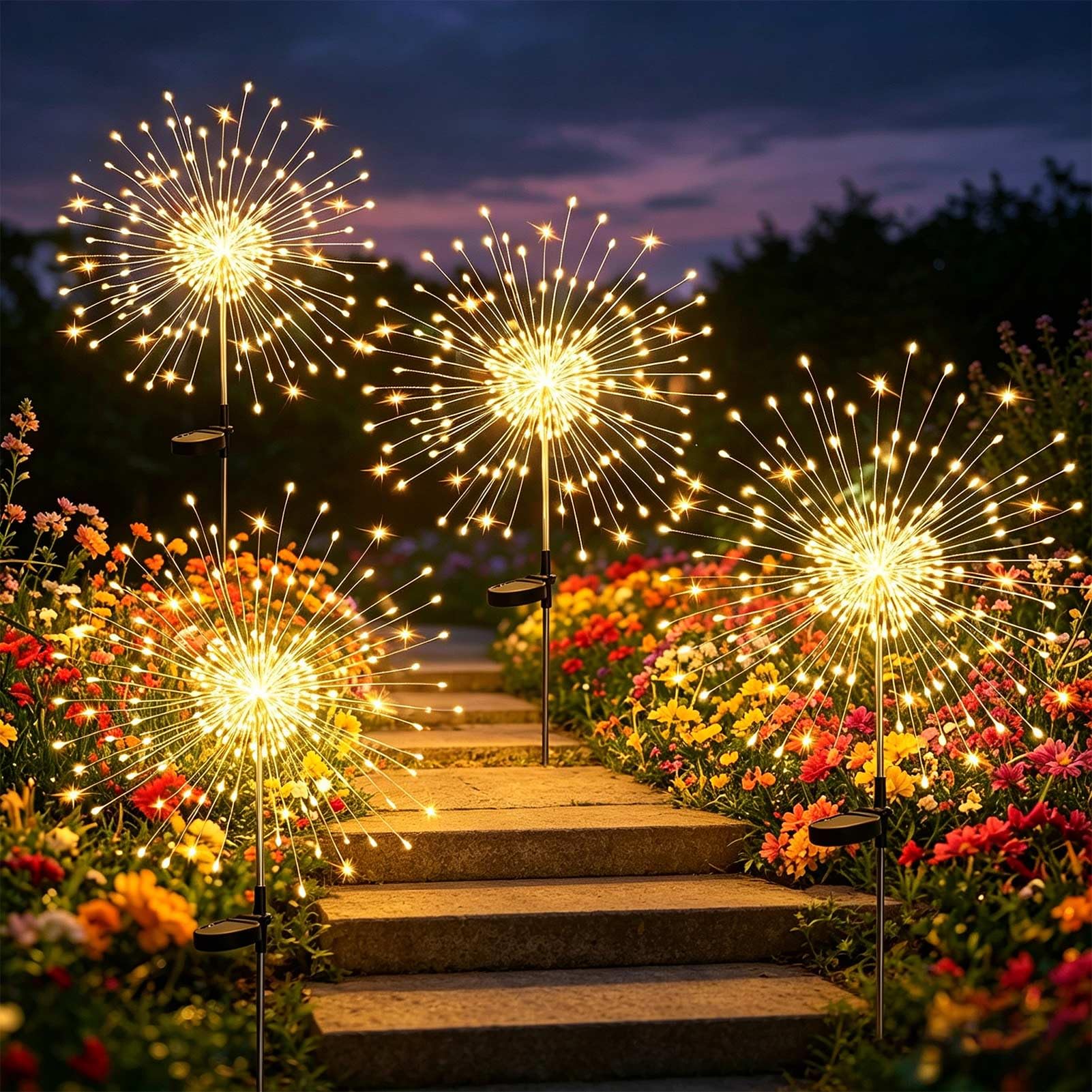 Joycome Lampe Solaire Exterieur 4 Pièces 120 LED Feux d'artifice Solaires | 8 Modes Lumière Solaires Extérieure IP65 Étanche pour Jardin Balcon Allée Terrasse Patio Cours Décoration(Blanc Chaud)