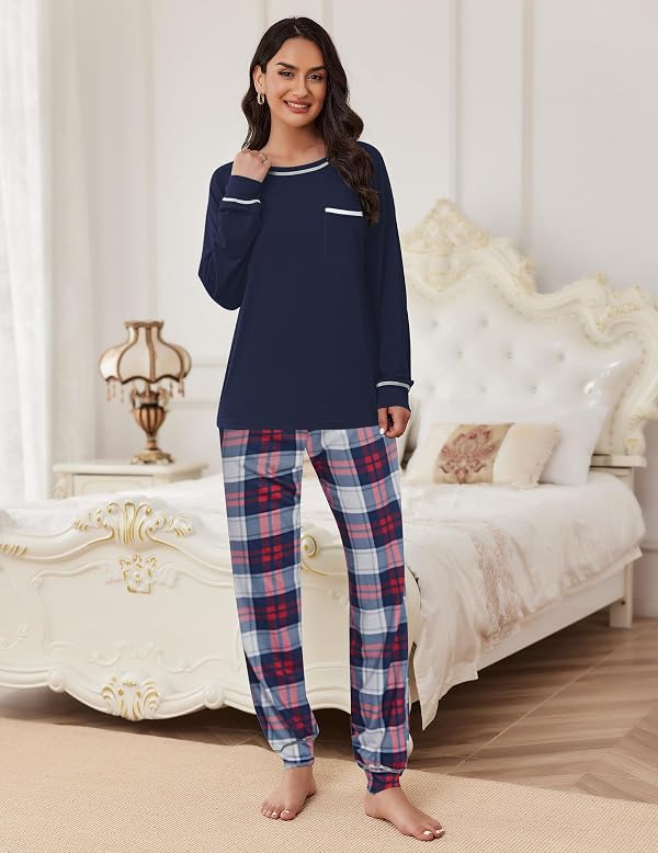 Ekouaer Pajamas Set for Women Soft Comfy Pjs Sets Long Sleeve Sleepwear Loungewear S-XXL Navy Plaid by Ekouaer - Image 3