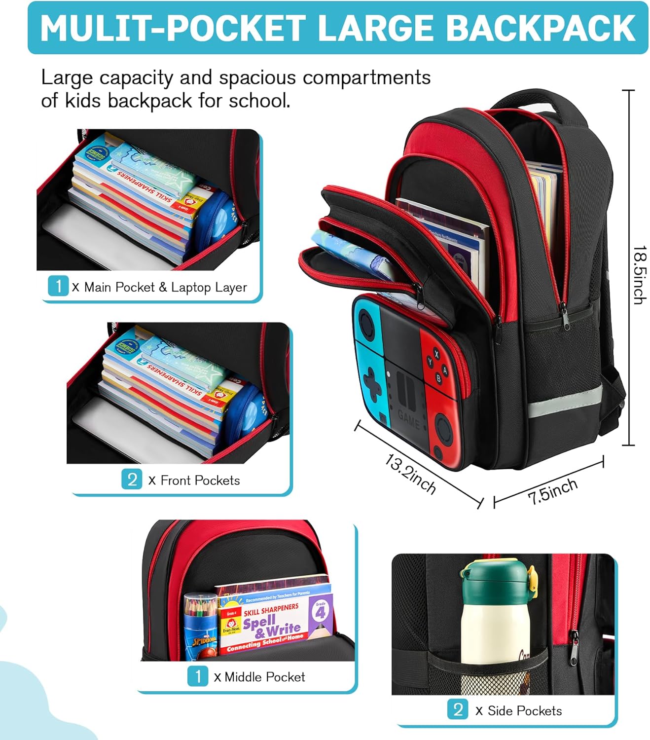 Boys Backpack for School, 17.3″ Gamer Backpack For Kids, Muti-Pockets Gaming Bookbag For Elementary Middle School Age 6-14