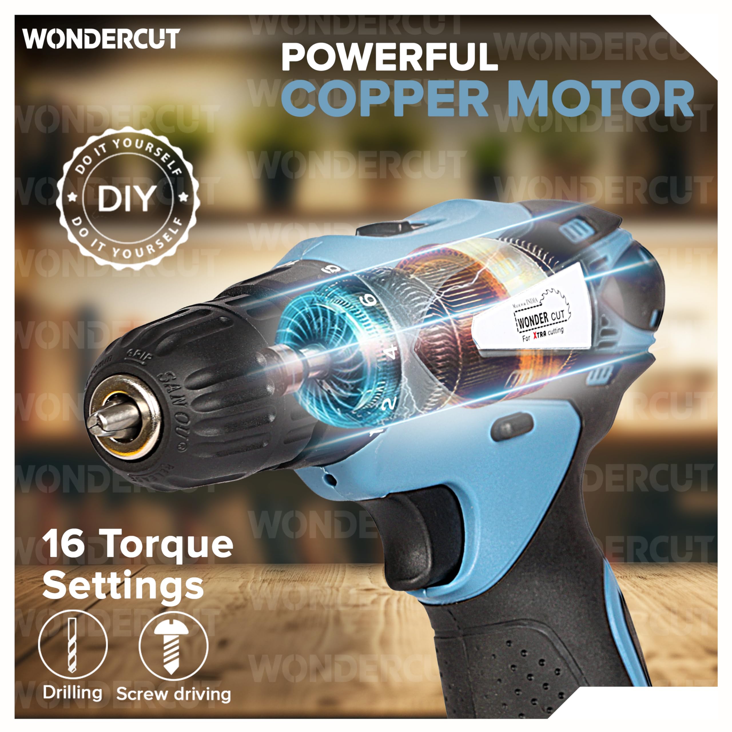 Wonder Cut 12V Cordless Drill Driver WC-CD1007-B |18 Settings |1450 RPM | 10Mm Keyless Chuck | LED Light | 2-Speed Mode | 1500Mah Battery | 2 Battery | 27 Accessories | Home & DIY Projects, Multicolor product image 2