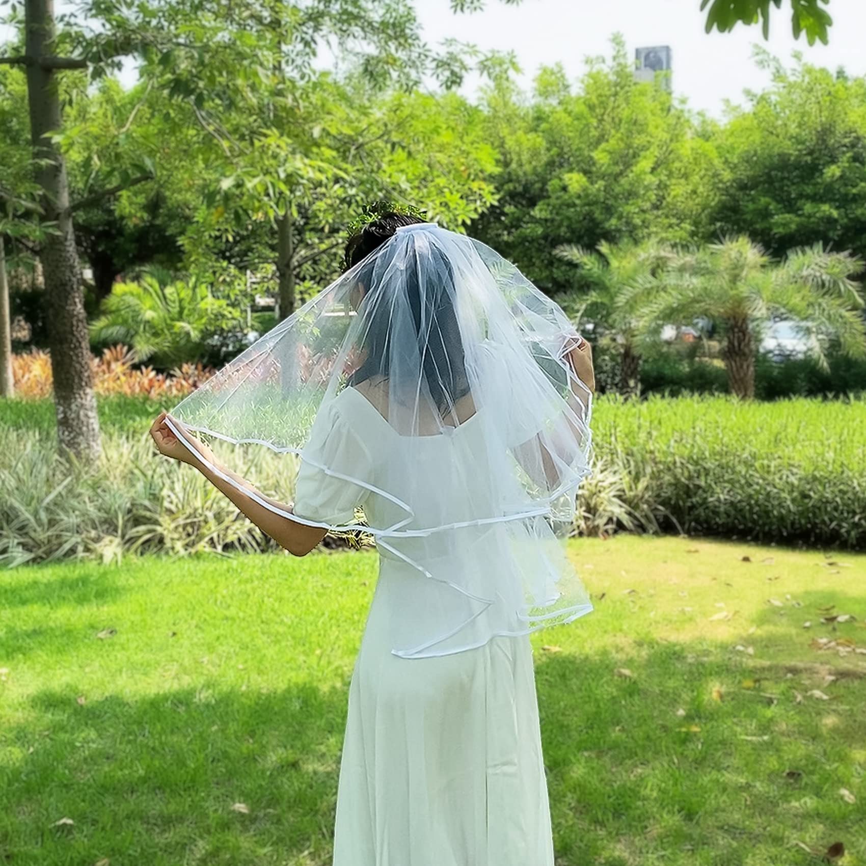 AUSUAYA Wedding Bridal Veil, Women Simple Tulle Cathedral Veil for Bachelorette Party and Wedding Hen Party W-V-1, Short - Image 2