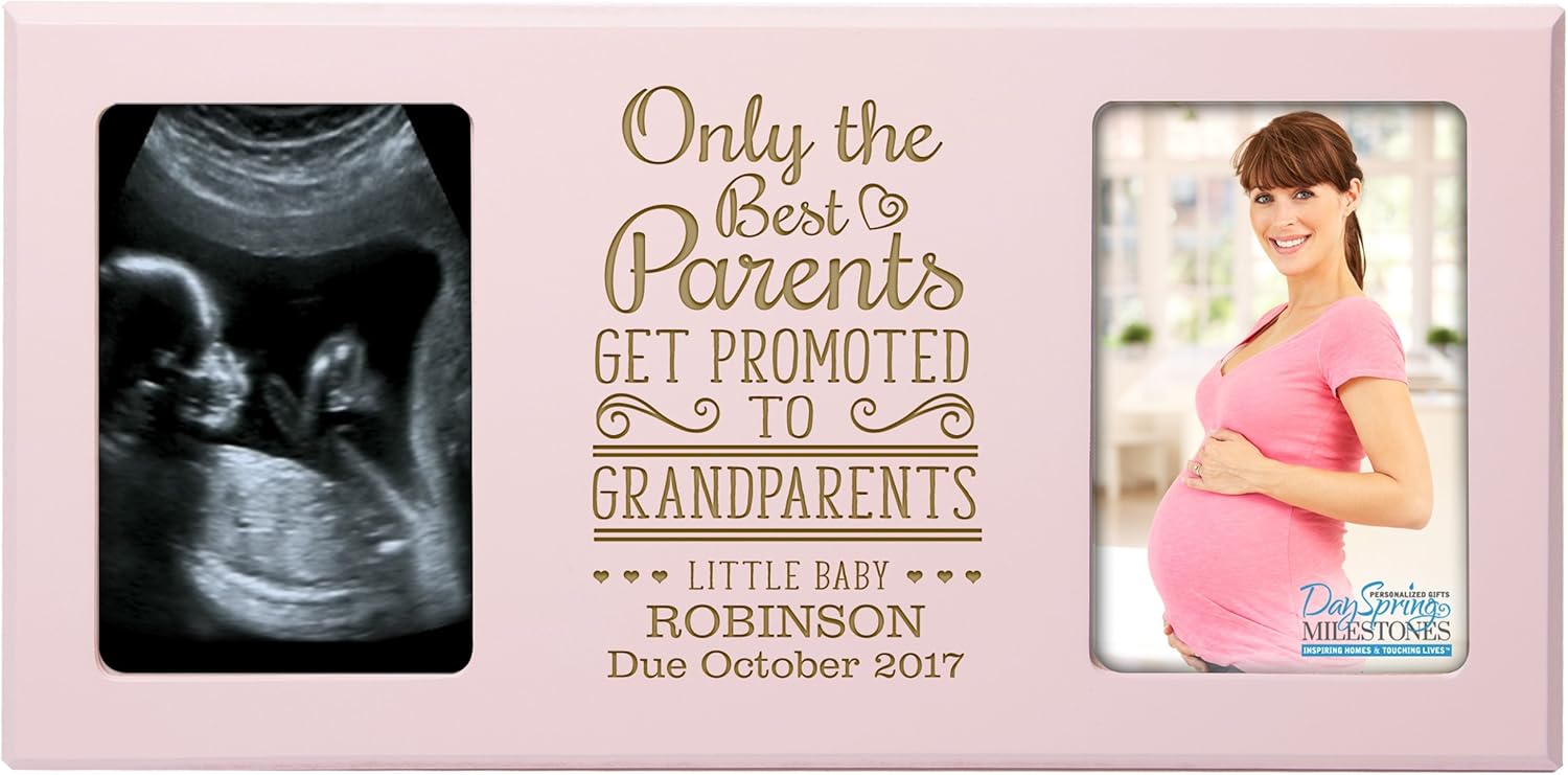 Only the best Parents get promoted to Grandparents Personalized New Baby birth announcement picture frame for newborn boys and girls photo frame for Expectant Mom holds 2 4x6 photos (Pink)