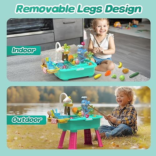 Miniatura 5 de Juguetes para fregadero de cocina 4 en 1 con agua corriente para niños, juguete eléctrico de mesa de agua que cambia de color con animales,