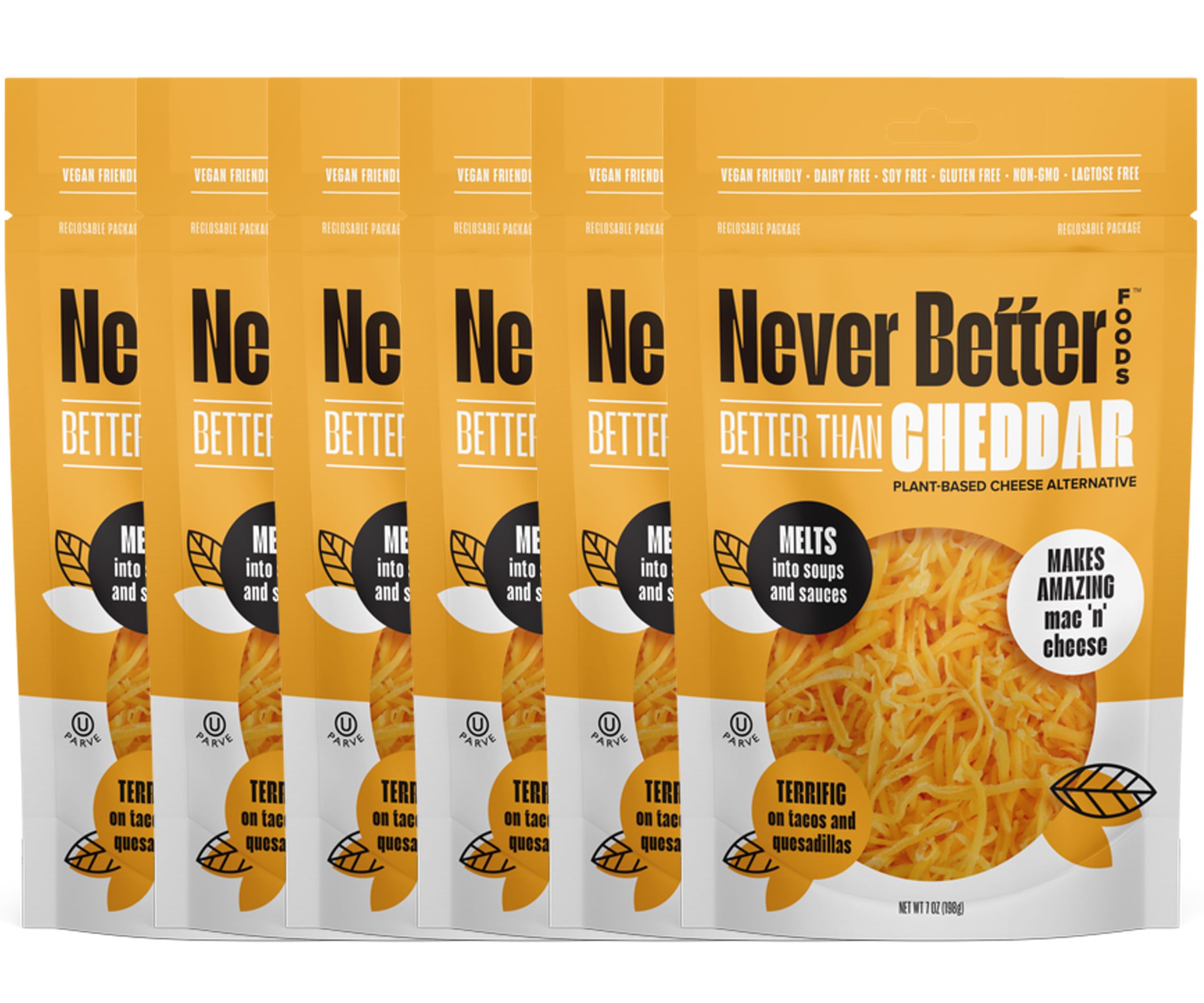 Vegan, Dairy Free Cheese, Plant-Based, 6-PACK of Shredded Cheddar 7oz Bags, Lactose-Free, Smooth and Non Oily Vegan Cheese Shredded.