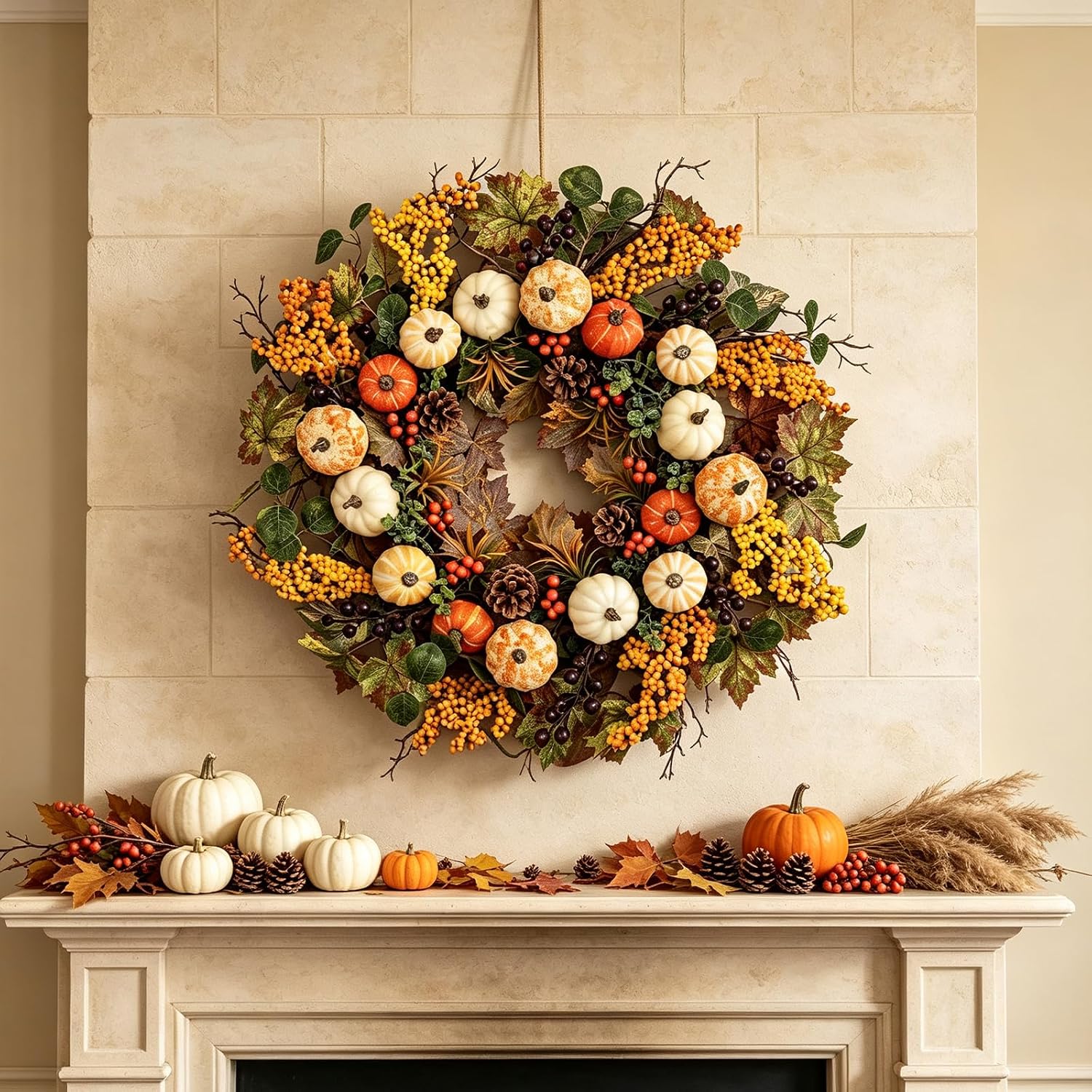 24“ Fall Wreath Pumpkin Maple Pinecones Berries for Front Door | farmhouse wreaths,autumn harvest Halloween Thanksgiving home decoration, indoor outdoor porch wall decor