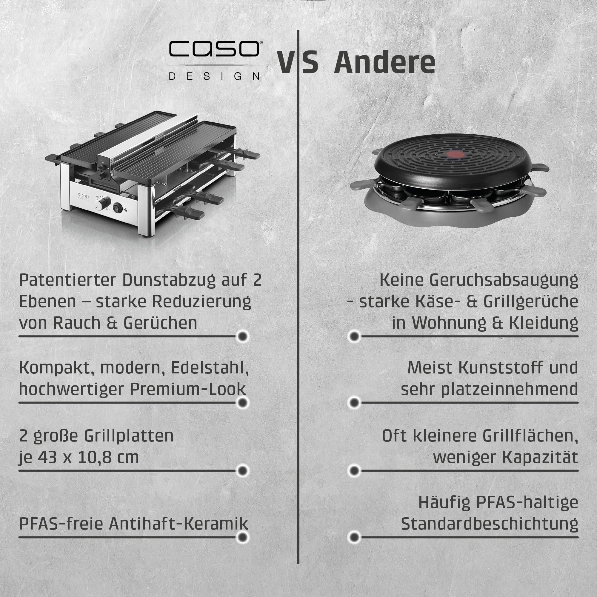 CASO Raclette AirClean - Raclettegrill mit integriertem Dunstabzug, für 8 Personen, schnelles Aufheizen, Antihaft Keramik-Beschichtung (PFAS-frei), 1500 Watt, austauschbarer Geruchs- und Kohlefilter