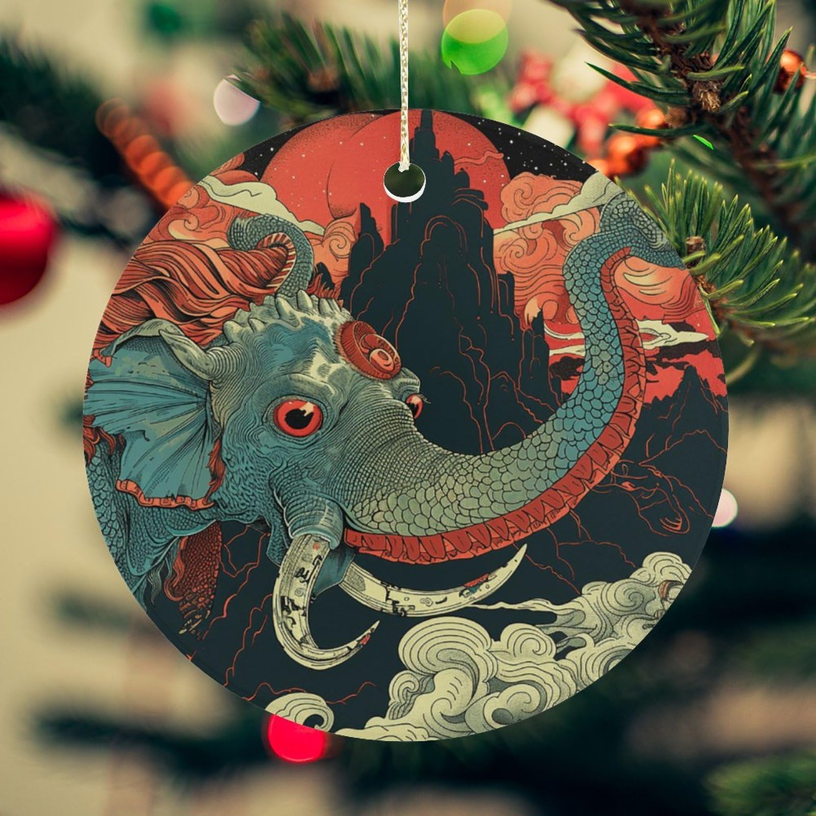 Dark Blue Elephant Christmas Ornament for Christmas Tree Ceramic Round Ornament Winter Holiday Keepsake Gift 2.7" Christmas Tree Hanging Decorations Circle Ceramic Pendant Xmas Gift