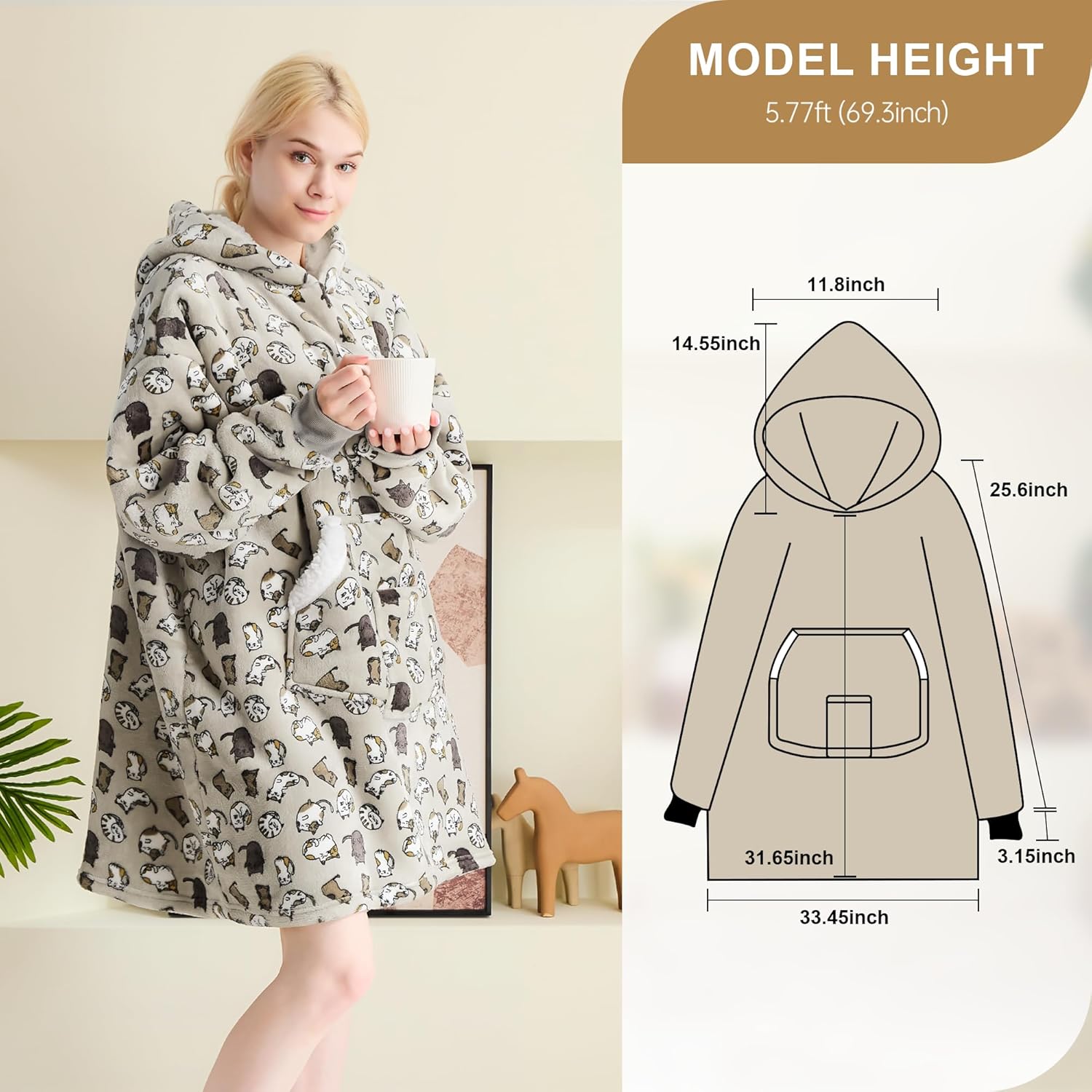 Wearable Blanket Hoodie for Adult Women, Oversized Sherpa Fleece Hooded Sweatshirt Blanket, Cozy Blanket Hoodie with Sleeves, Blanket Hooded for Winter Gift (Standard, Grey Cat) - Image 4