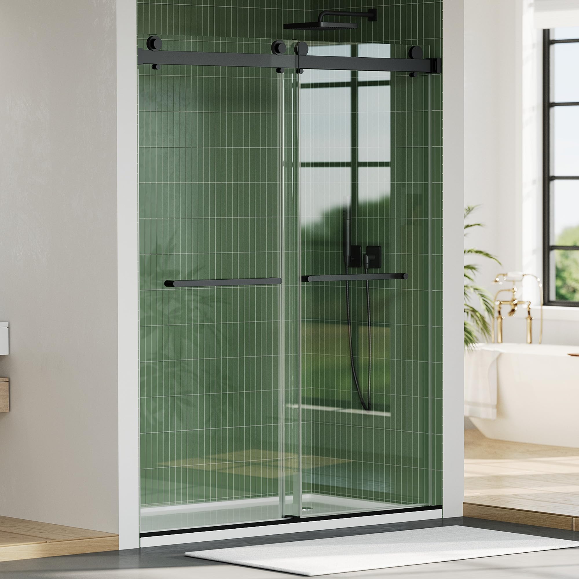 GarveeTech 56-60" W x 74" H Shower Doors, Frameless Shower Door, Double Sliding Glass with 1/4" (6mm) Clear Tempered Glass for Bathroom,Matte Black
