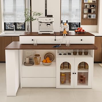 47 Inch Expandable Kitchen Island with Rotating Table, 4 Drawers & Glass Door Cabinet, Built in Socket, Breakfast Bar Dining Station for 2-4 Person, Space Saving Walnut+White, 47 inch