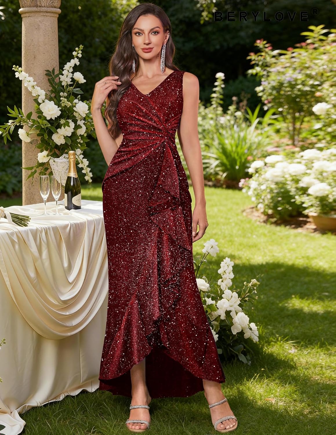 BeryLove Sequin Formal Wedding Guest Prom Cocktail Party Long Ruffle Dresses Sparkly Evening Mother of The Bride Dress - Image 2