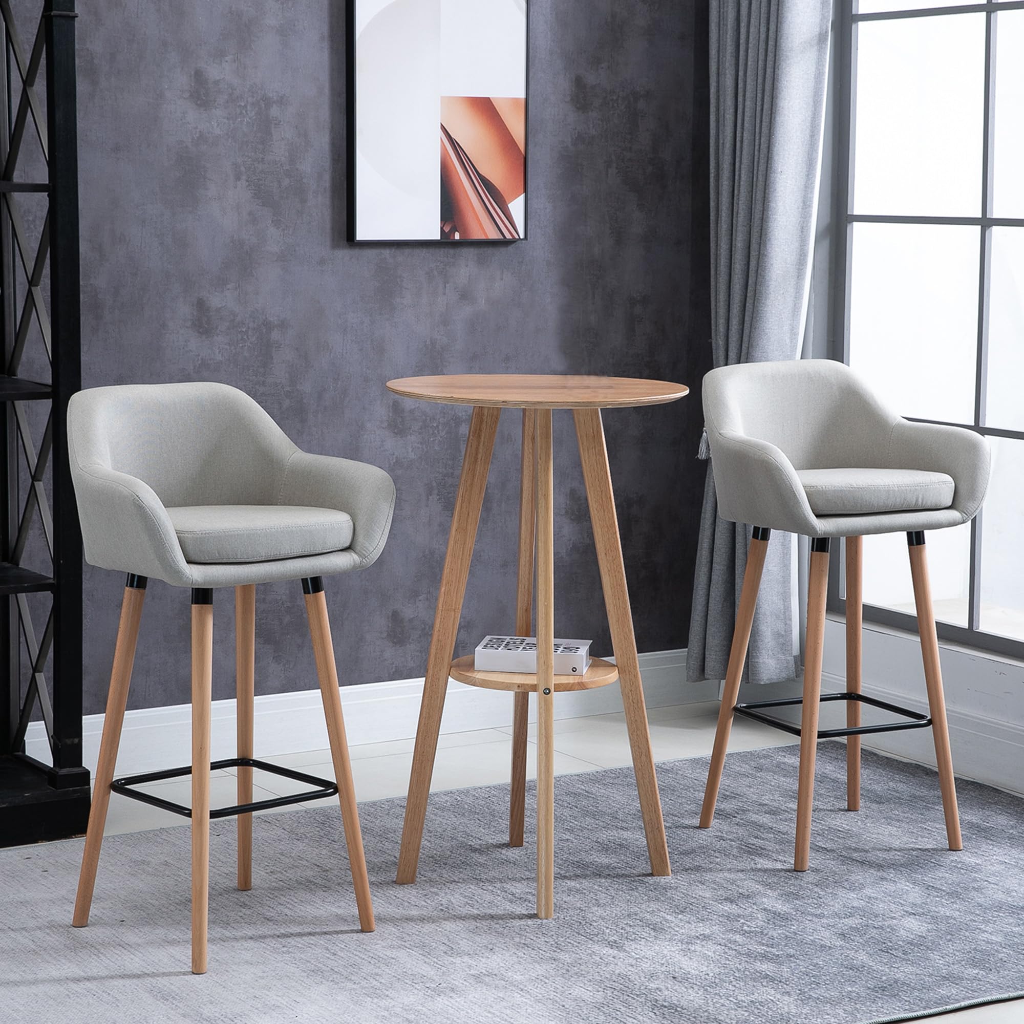 HOMCOM Barhocker 2er Set mit Sitzkissen, Rückenlehne, Armlehnen, Beige